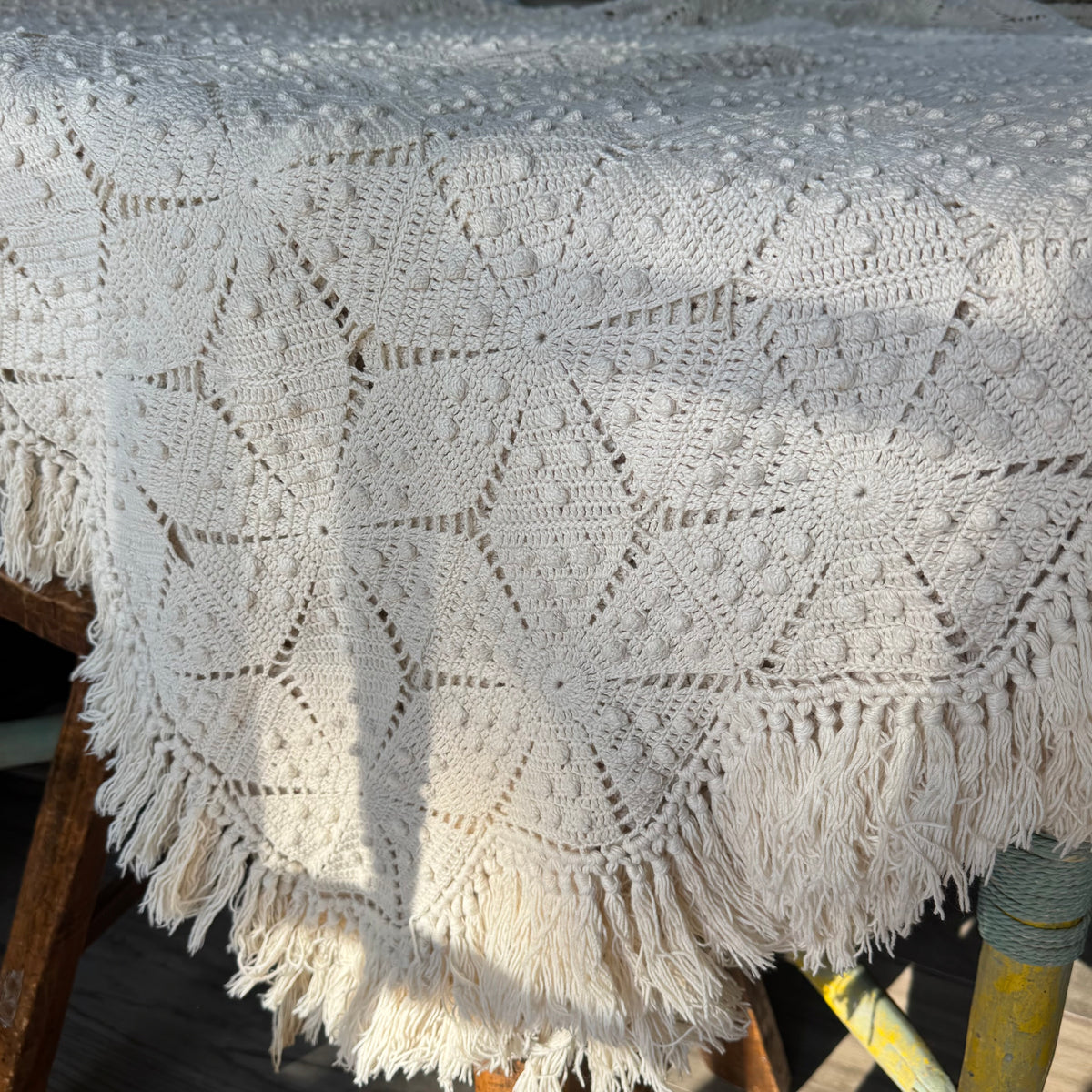 Vintage Hand-Crocheted Popcorn Stitch Bedspread