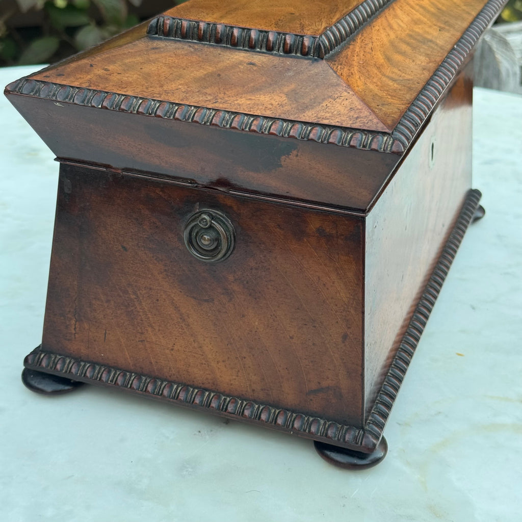 Antique 19th Century English Sarcophagus Tea Caddy - Complete Mahogany Wood Chest with Original Cut-Glass Bowl
