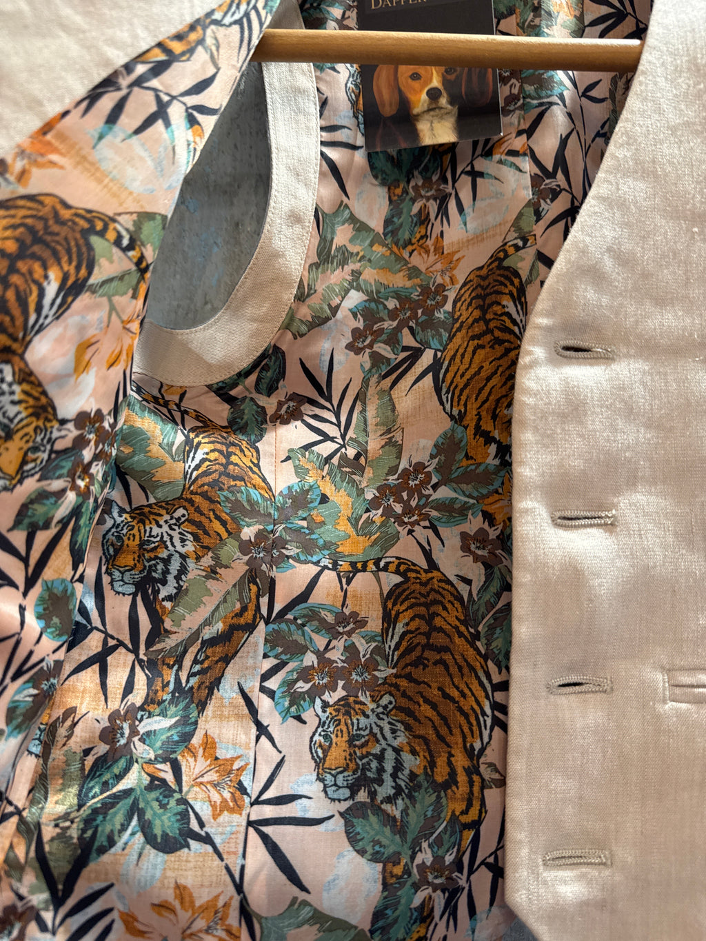 English Linen Child's Waistcoat with Tiger Botanical Lining