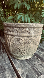 Antique English Carved Stone Garden Planters – Pair with Grape & Vine Motif