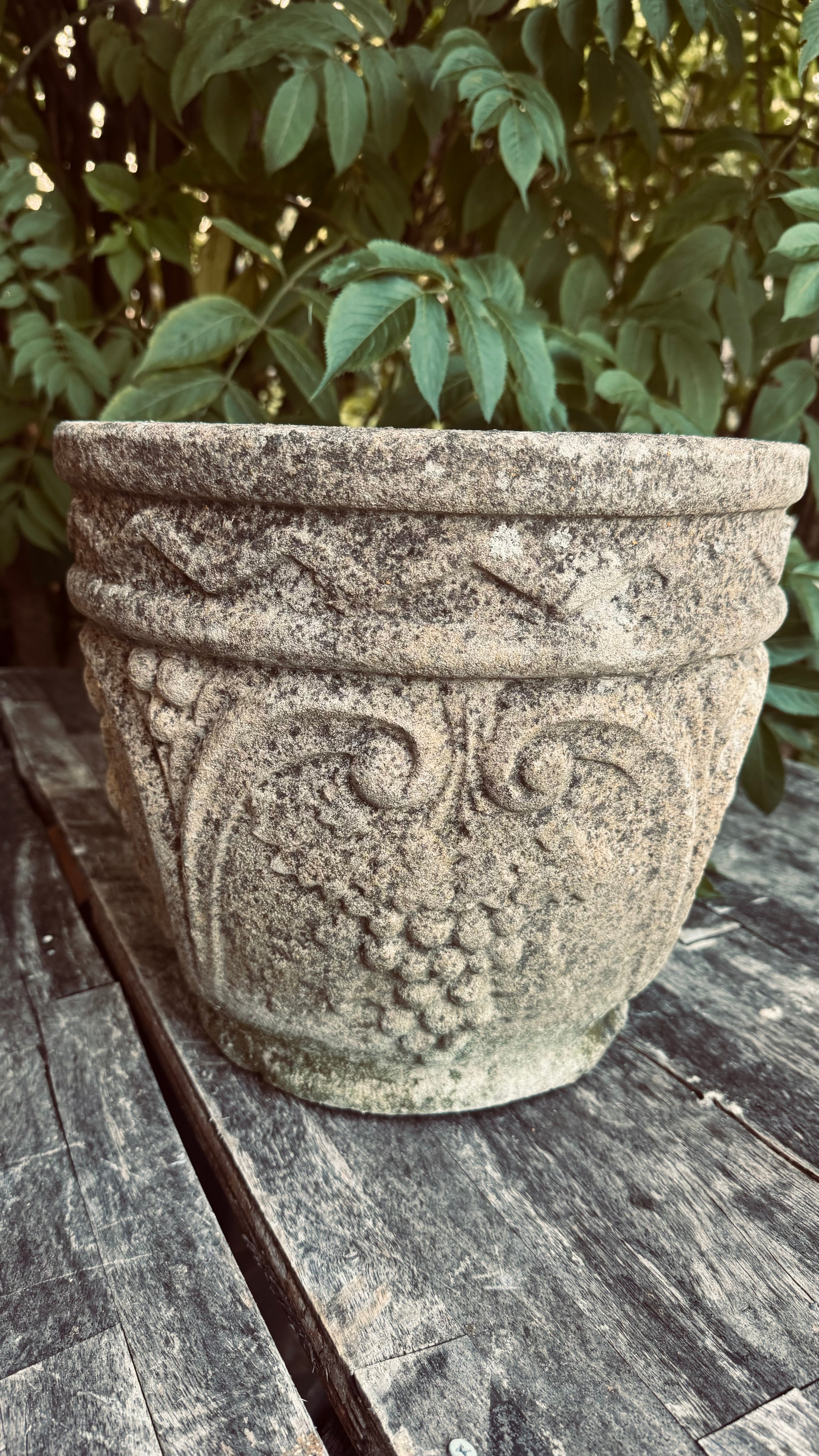 Antique English Carved Stone Garden Planters – Pair with Grape & Vine Motif