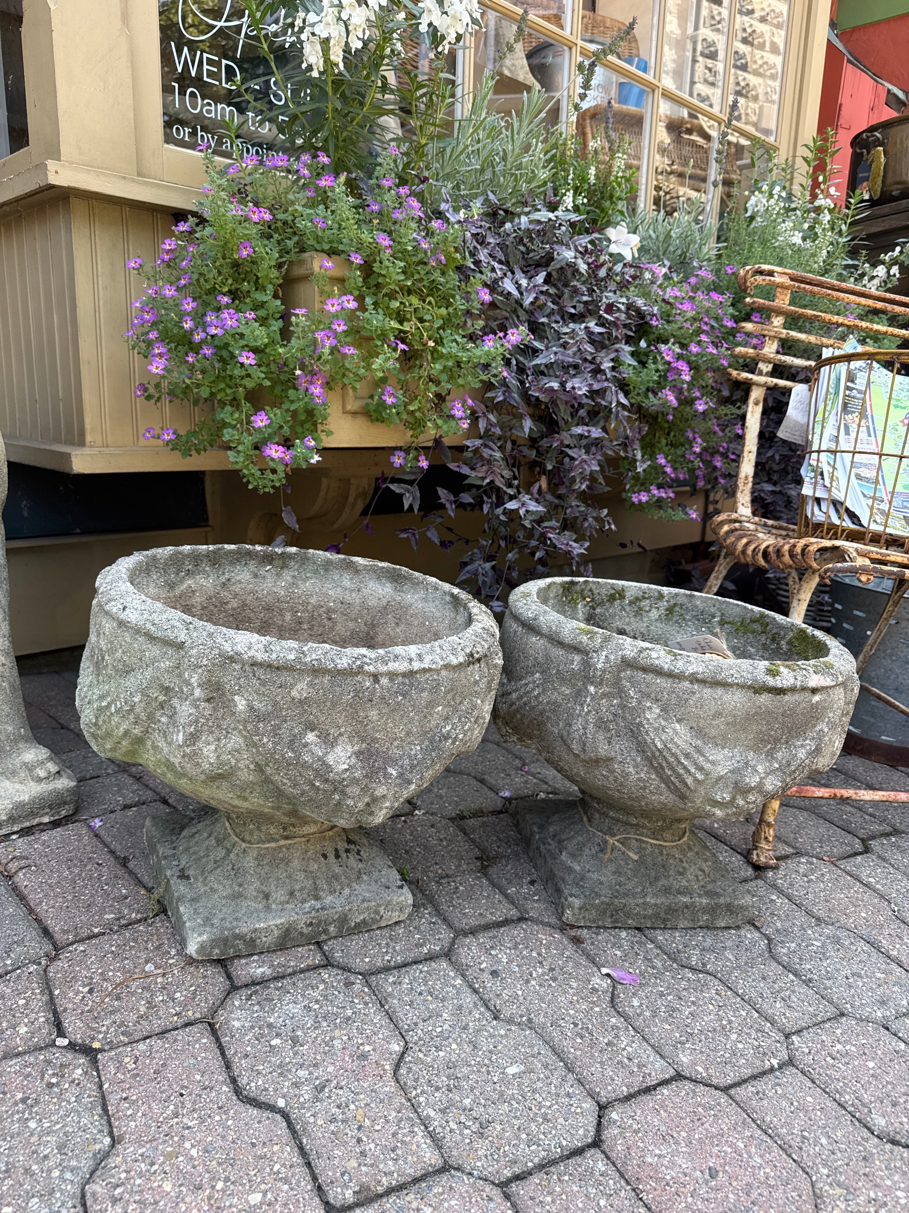Pair of English Weathered Cast Stone Garden Urns