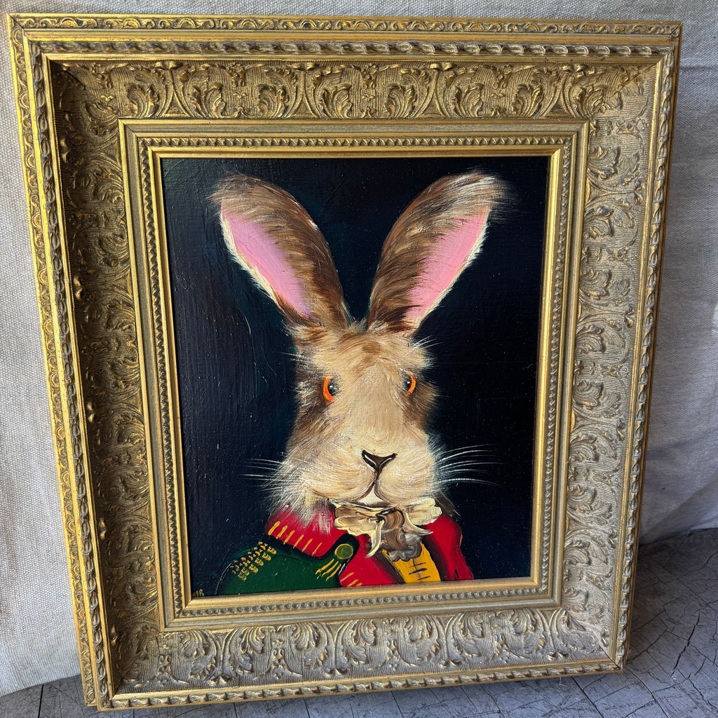 English Whimsical Hare Portrait Painting in Gold Frame
