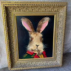 English Whimsical Hare Portrait Painting in Gold Frame