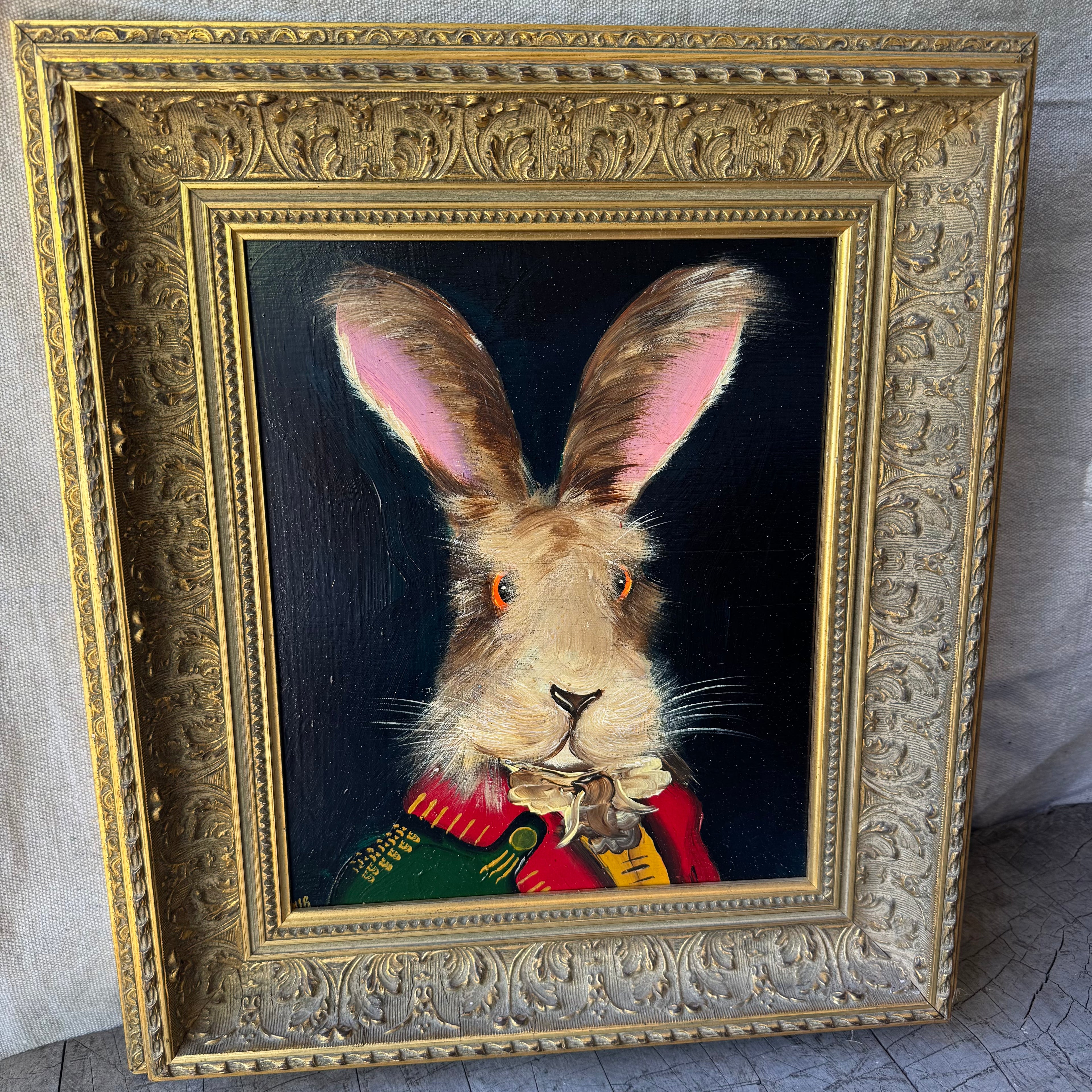English Whimsical Hare Portrait Painting in Gold Frame
