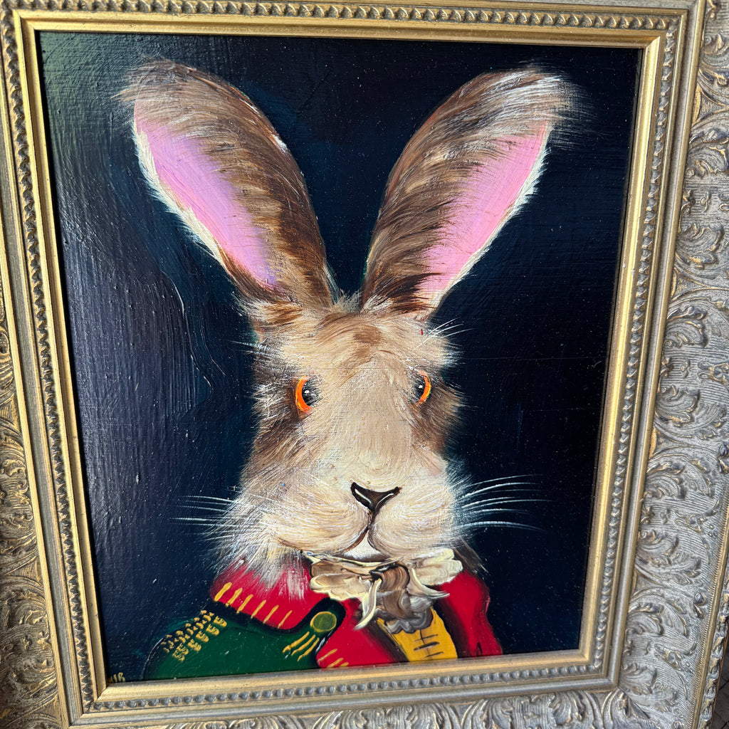English Whimsical Hare Portrait Painting in Gold Frame
