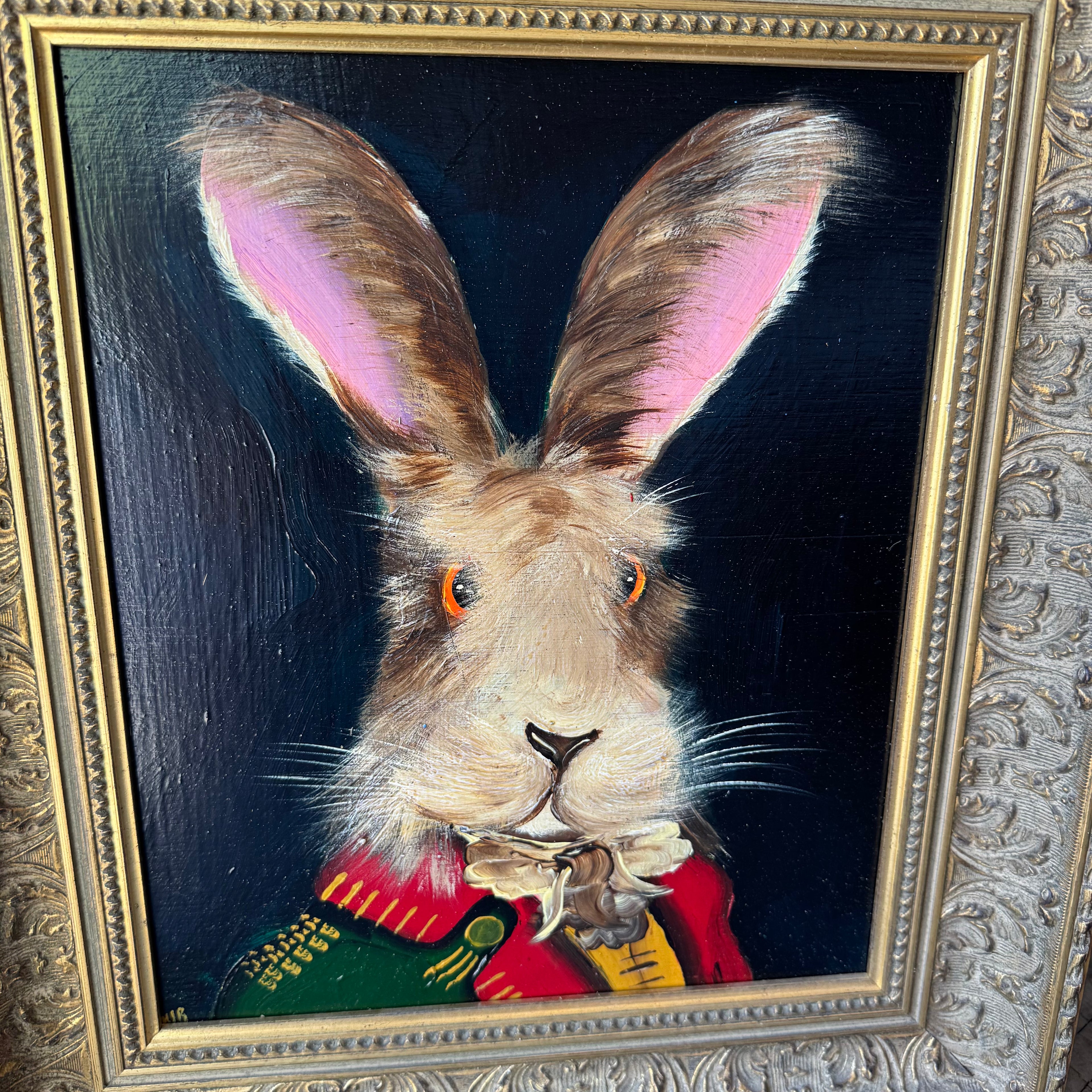 English Whimsical Hare Portrait Painting in Gold Frame