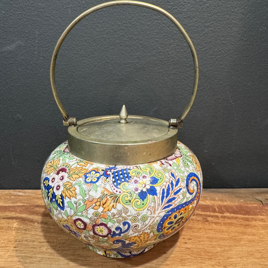 Antique English Paisley Chintz Biscuit Barrel with Silver Plate Lid