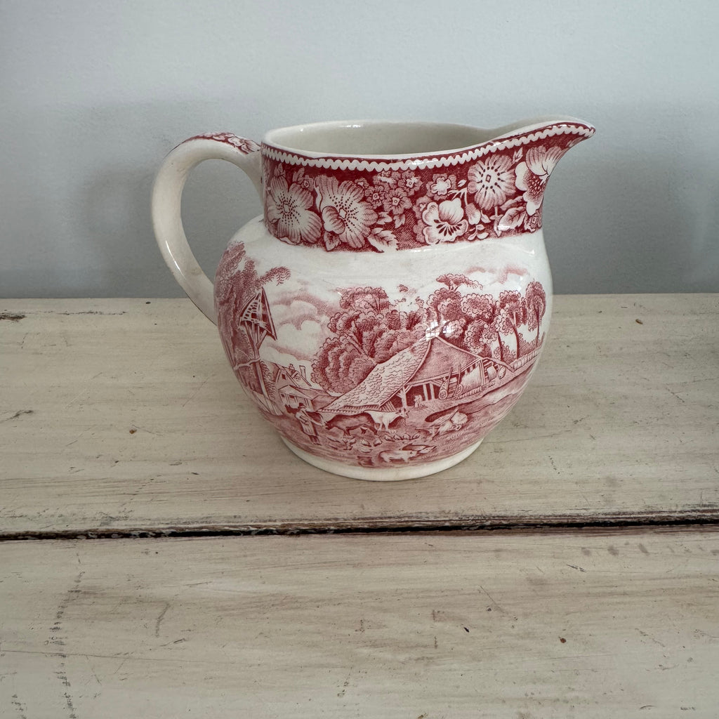 Rural England Red Transferware Pitcher