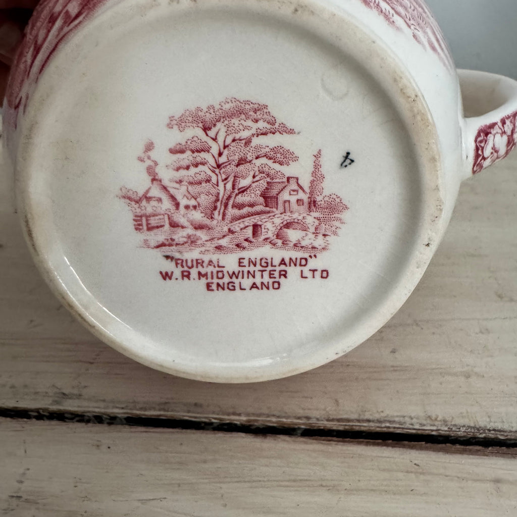 Rural England Red Transferware Pitcher