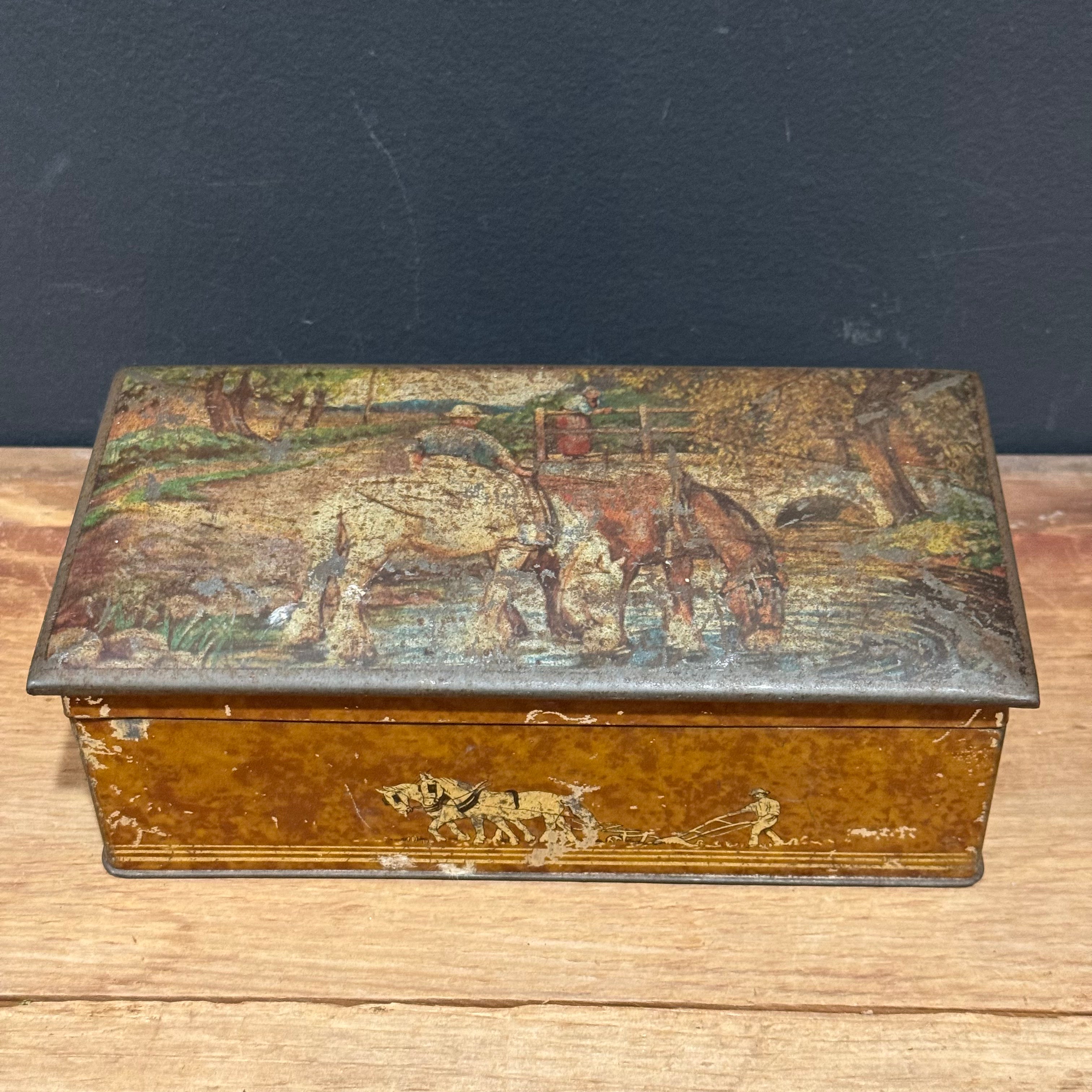 Antique Farm Scene Tin Box