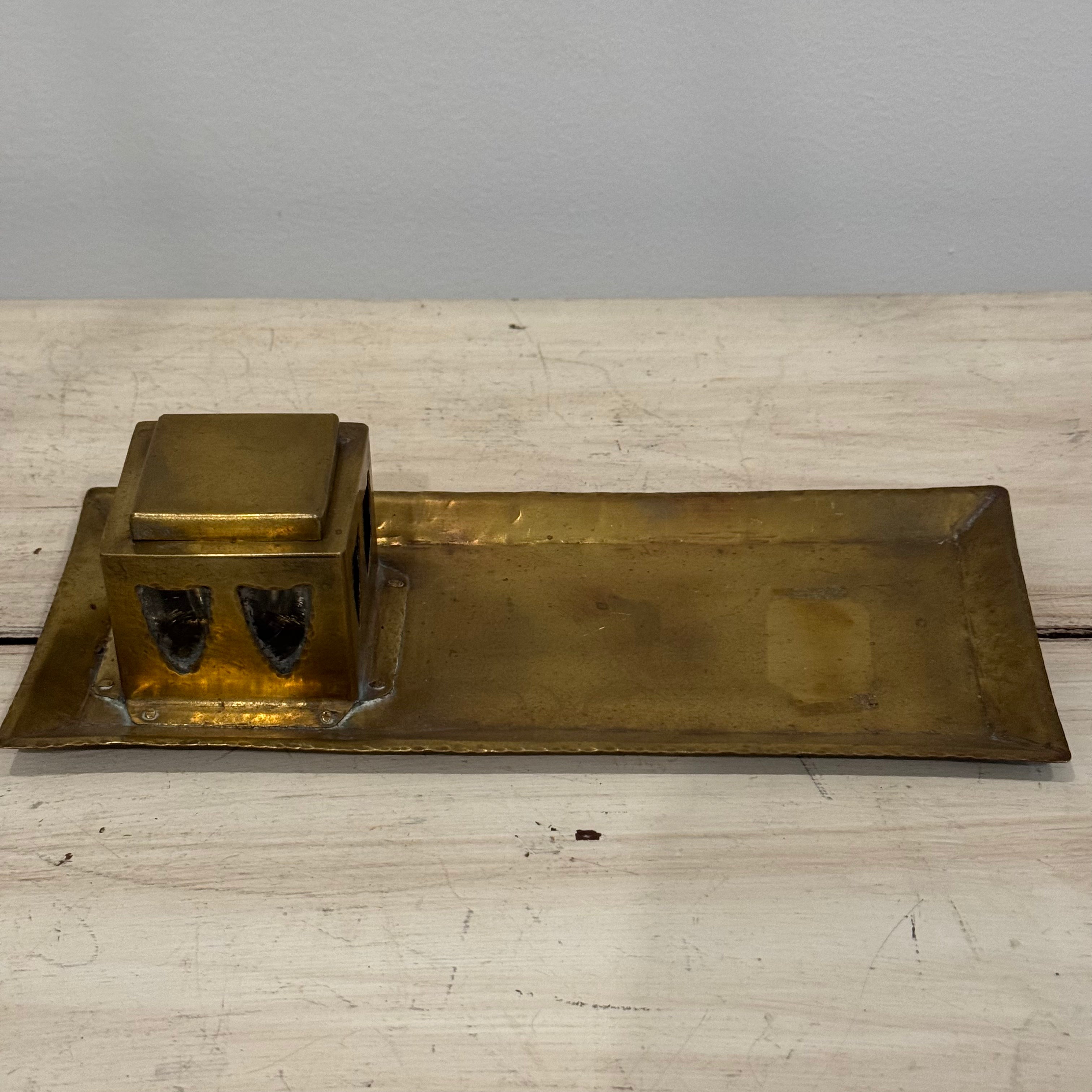 Victorian Brass Inkwell & Pen Tray