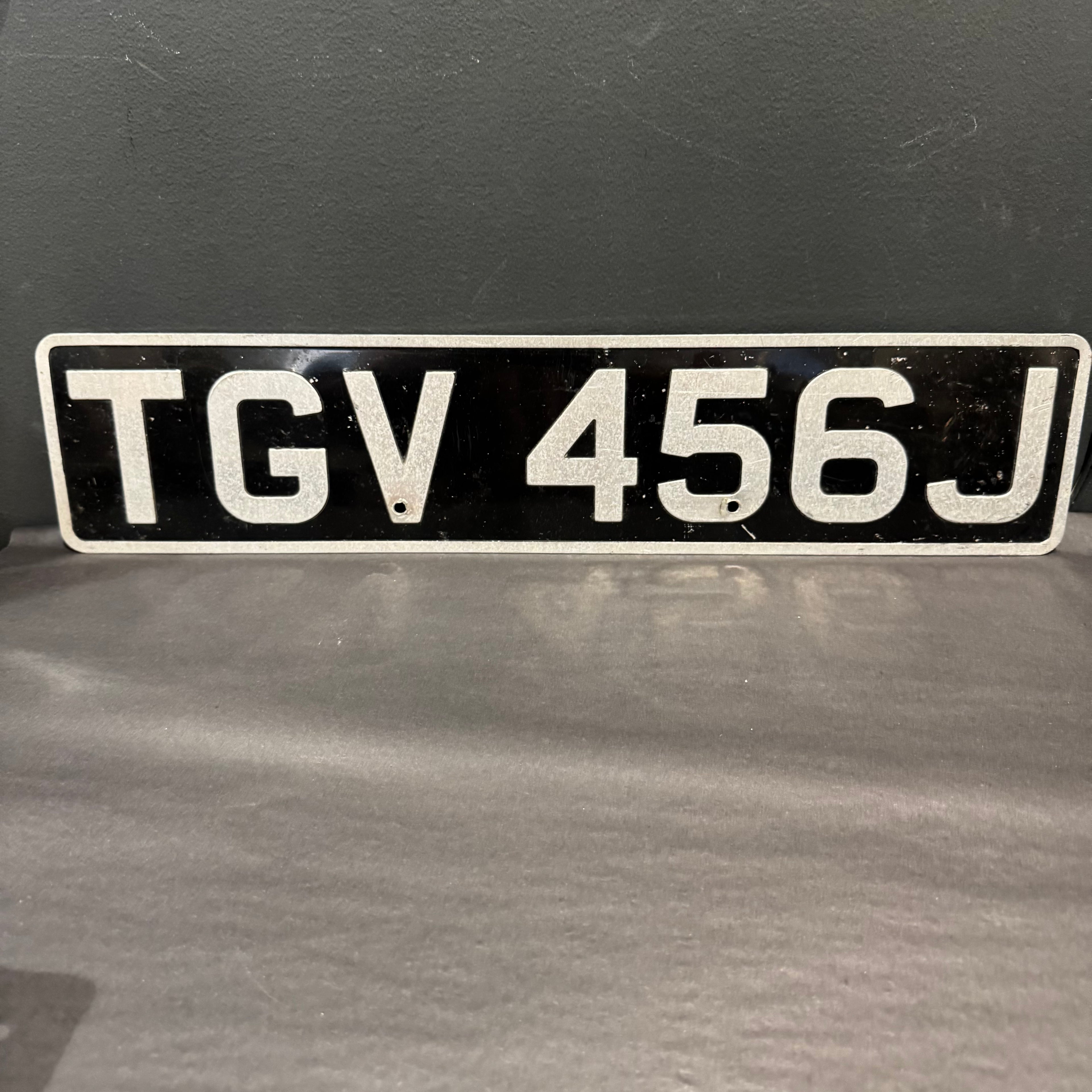 Vintage British Black & Silver Number Plate – TGV 456J