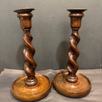 Antique English Oak Barley Twist Candlesticks pair