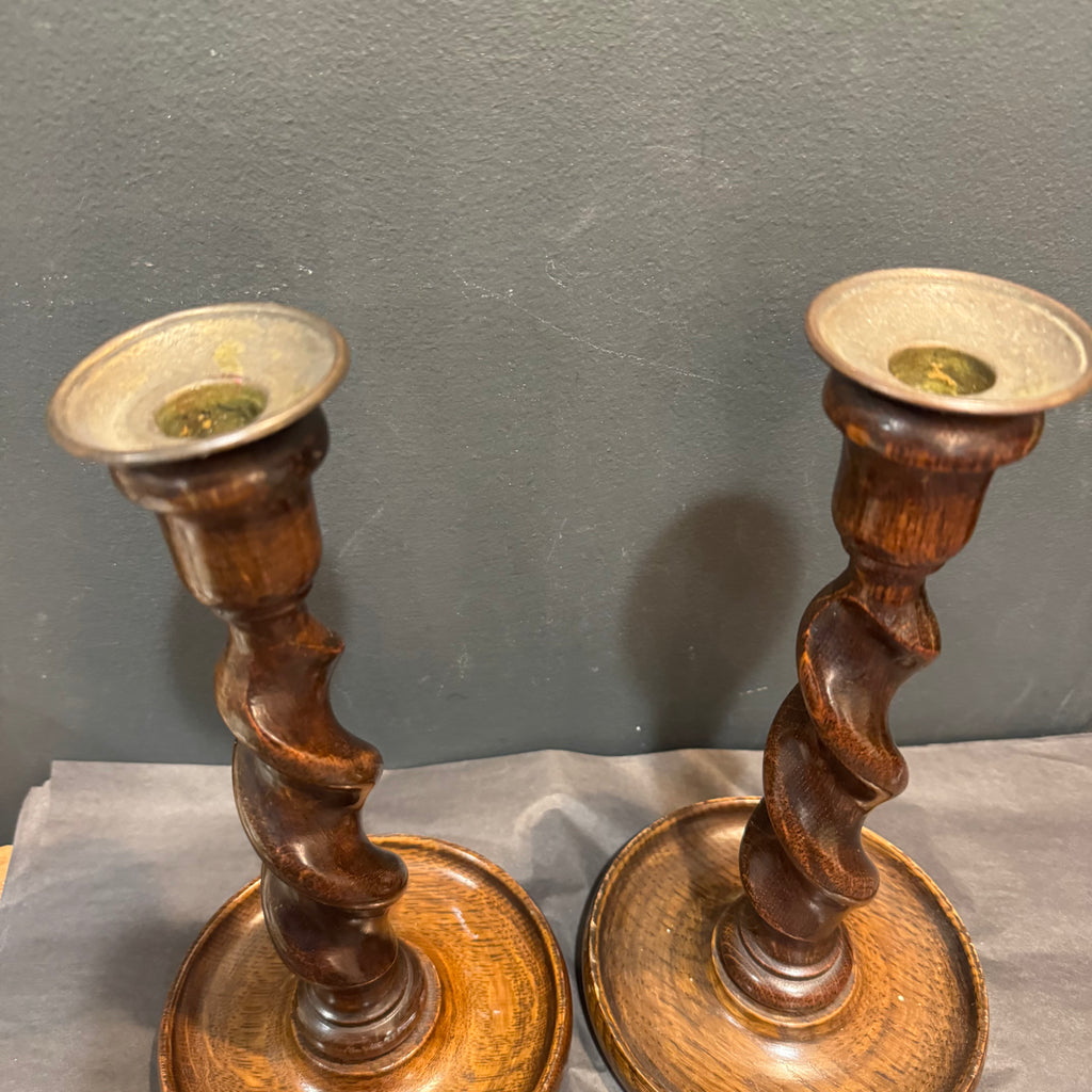 Antique English Oak Barley Twist Candlesticks pair