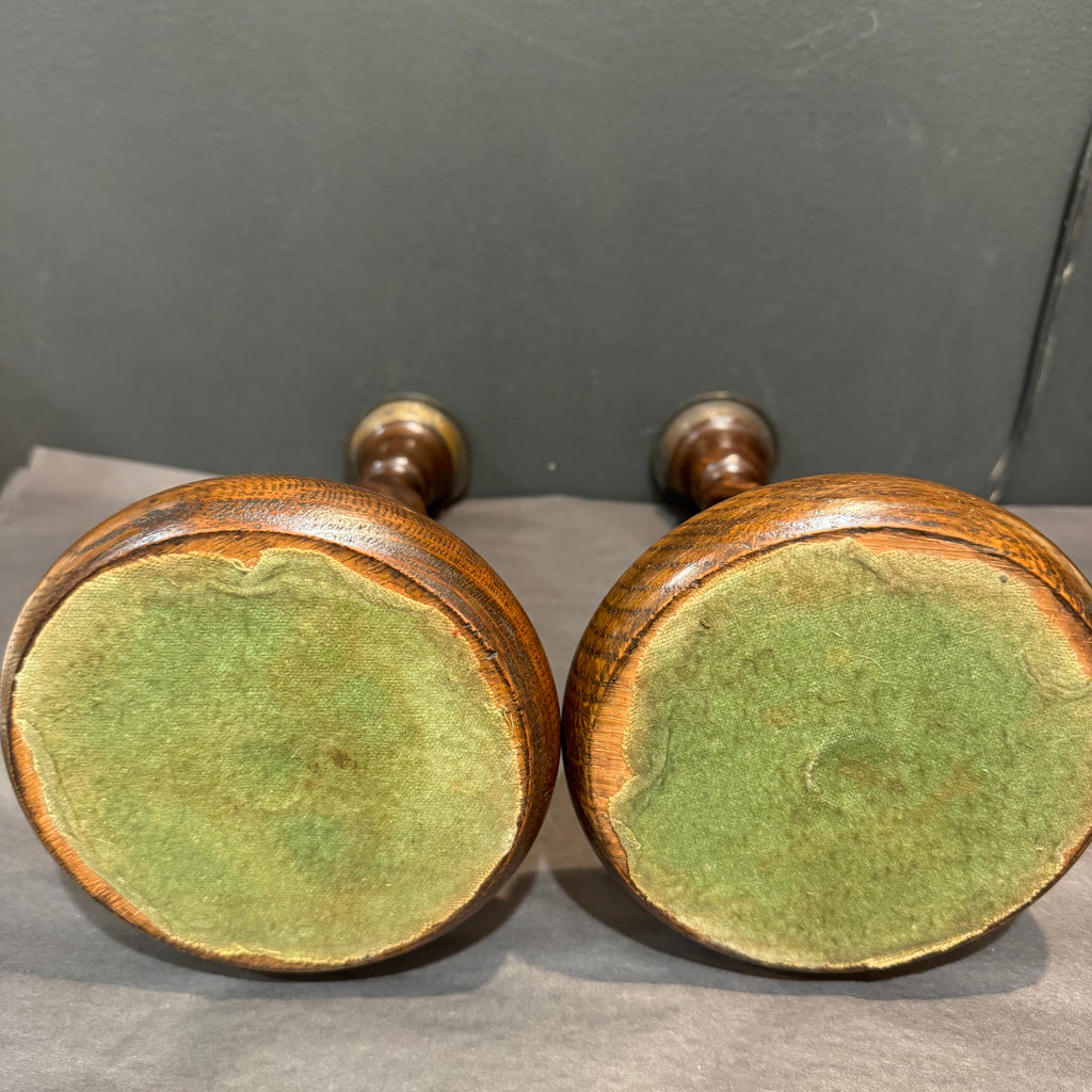 Antique English Oak Barley Twist Candlesticks pair