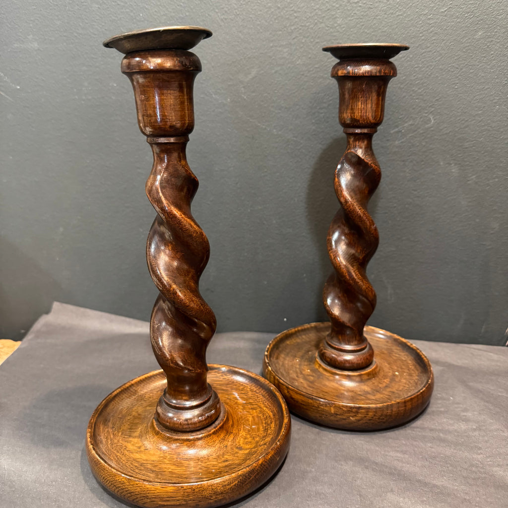Antique English Oak Barley Twist Candlesticks pair