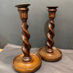 Antique English Oak Barley Twist Candlesticks pair