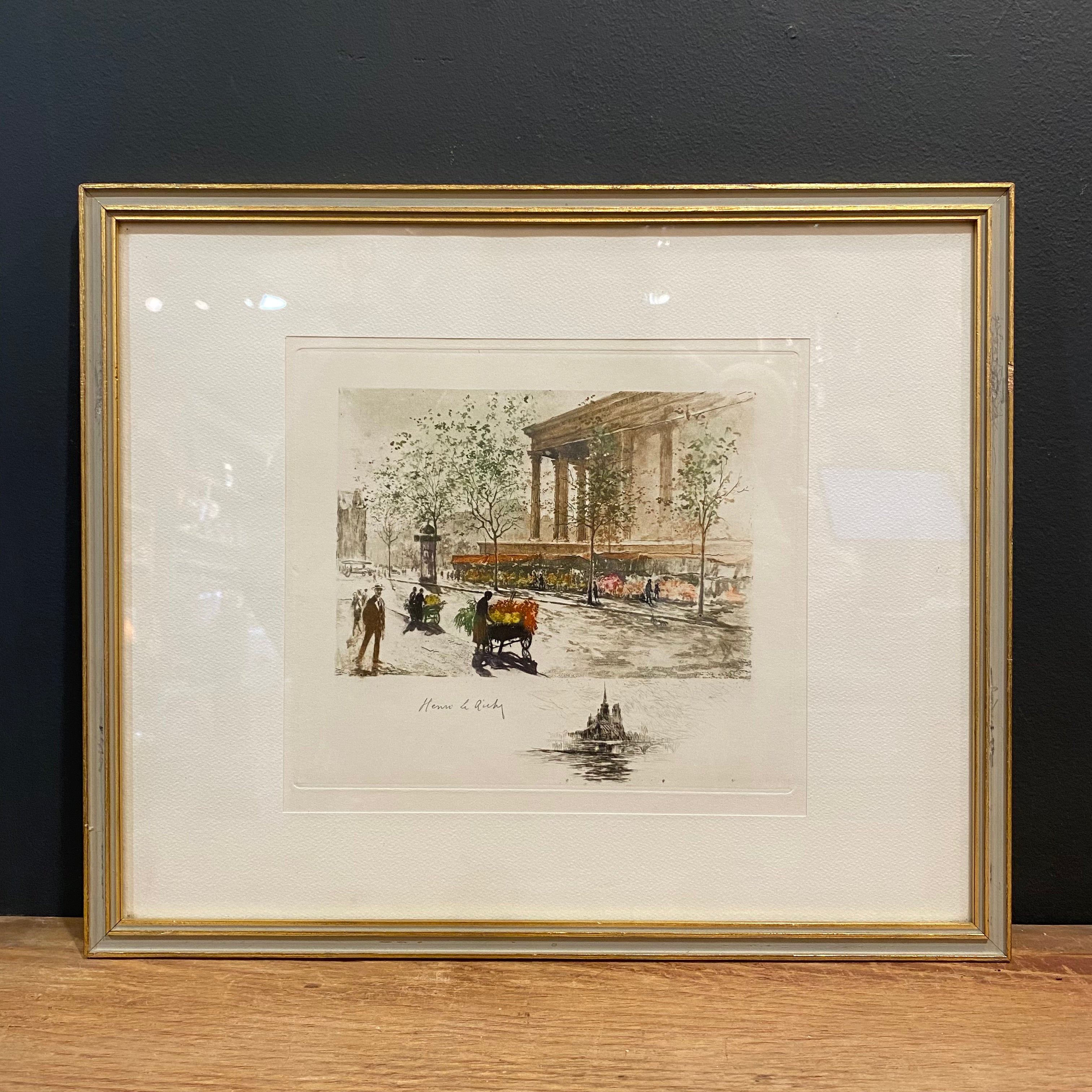 Hand-Colored Paris Etching – La Madeleine with Flower Vendors by Henri Le Riche
