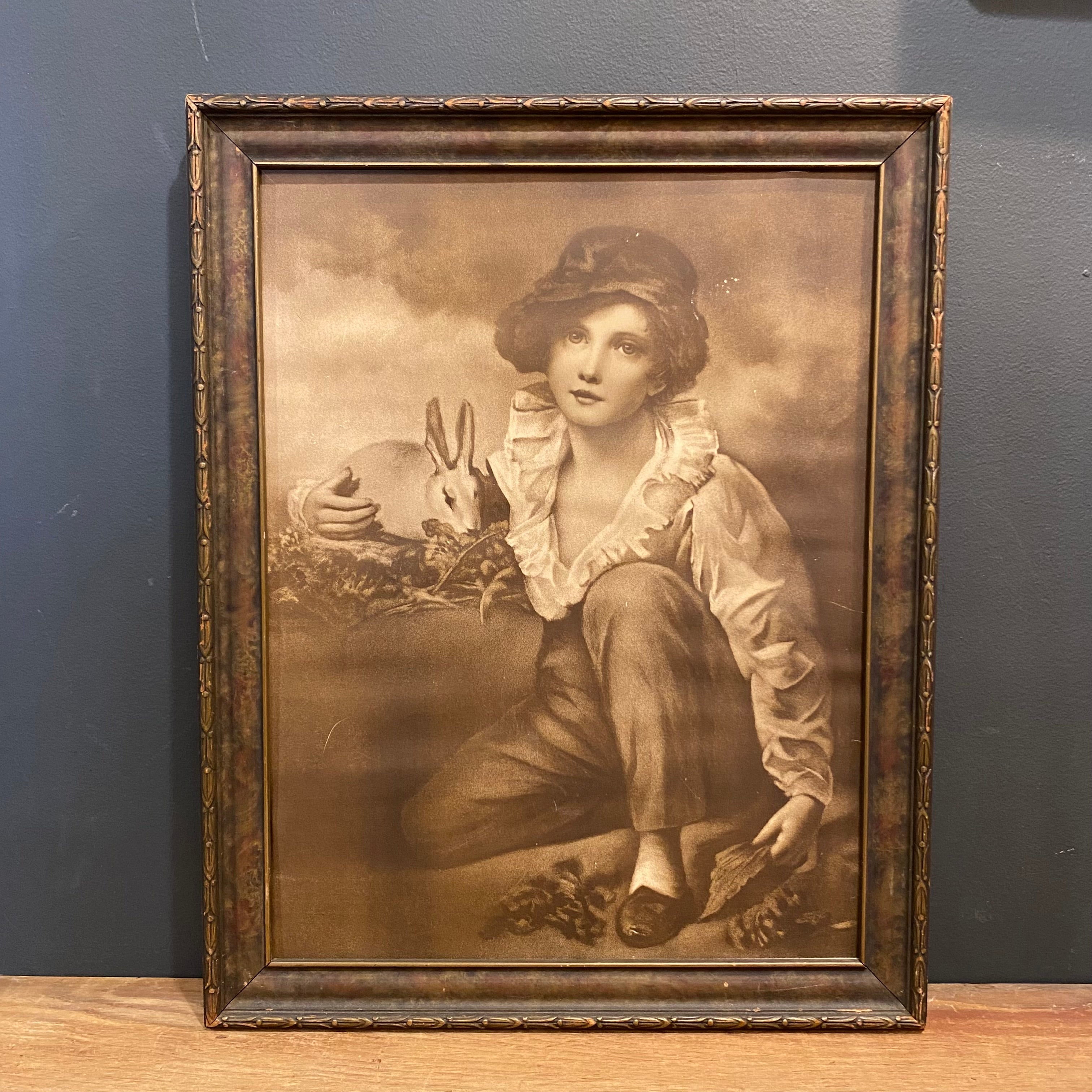 Antique Sepia Portrait Of Boy With Rabbit