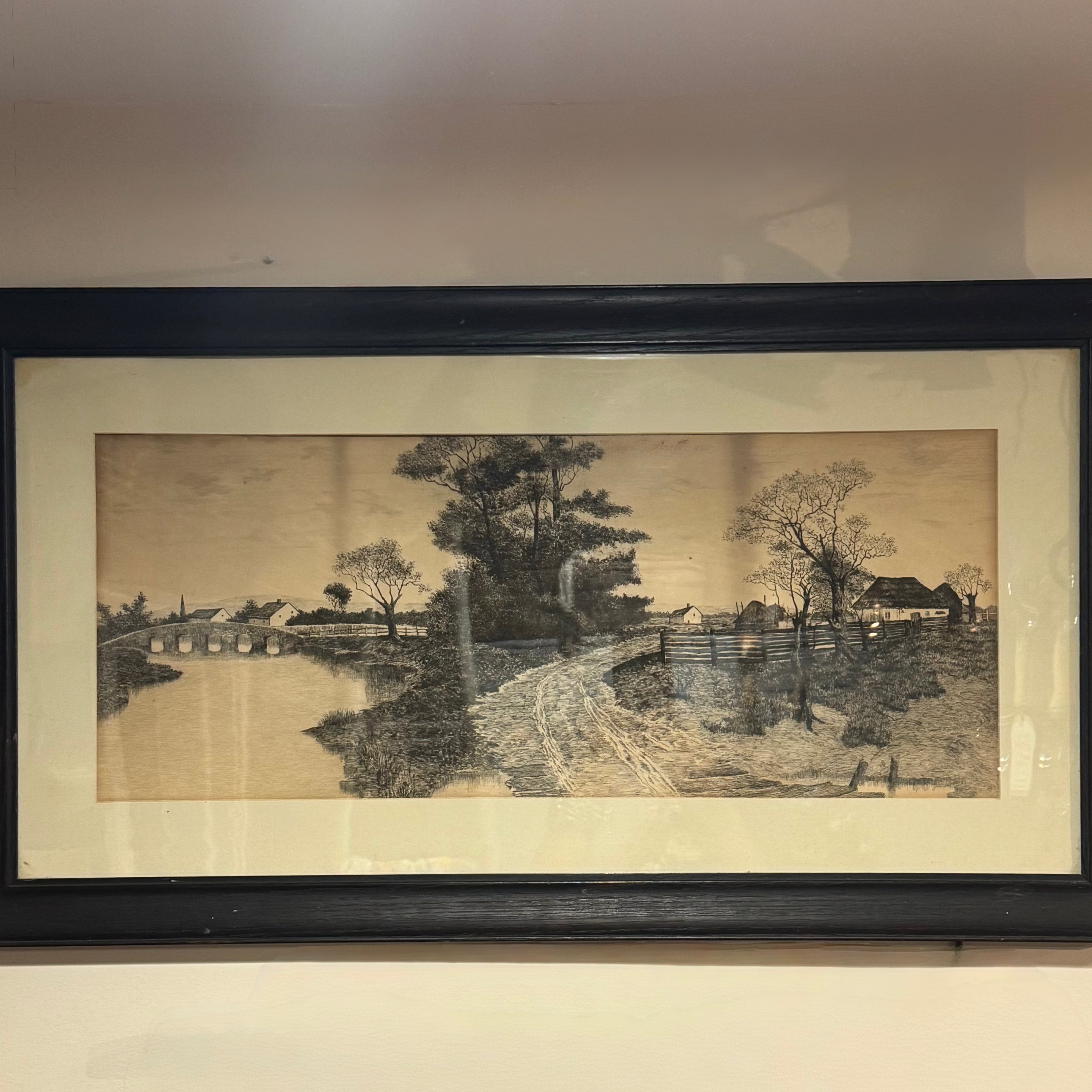 Vintage Rural Landscape Etching