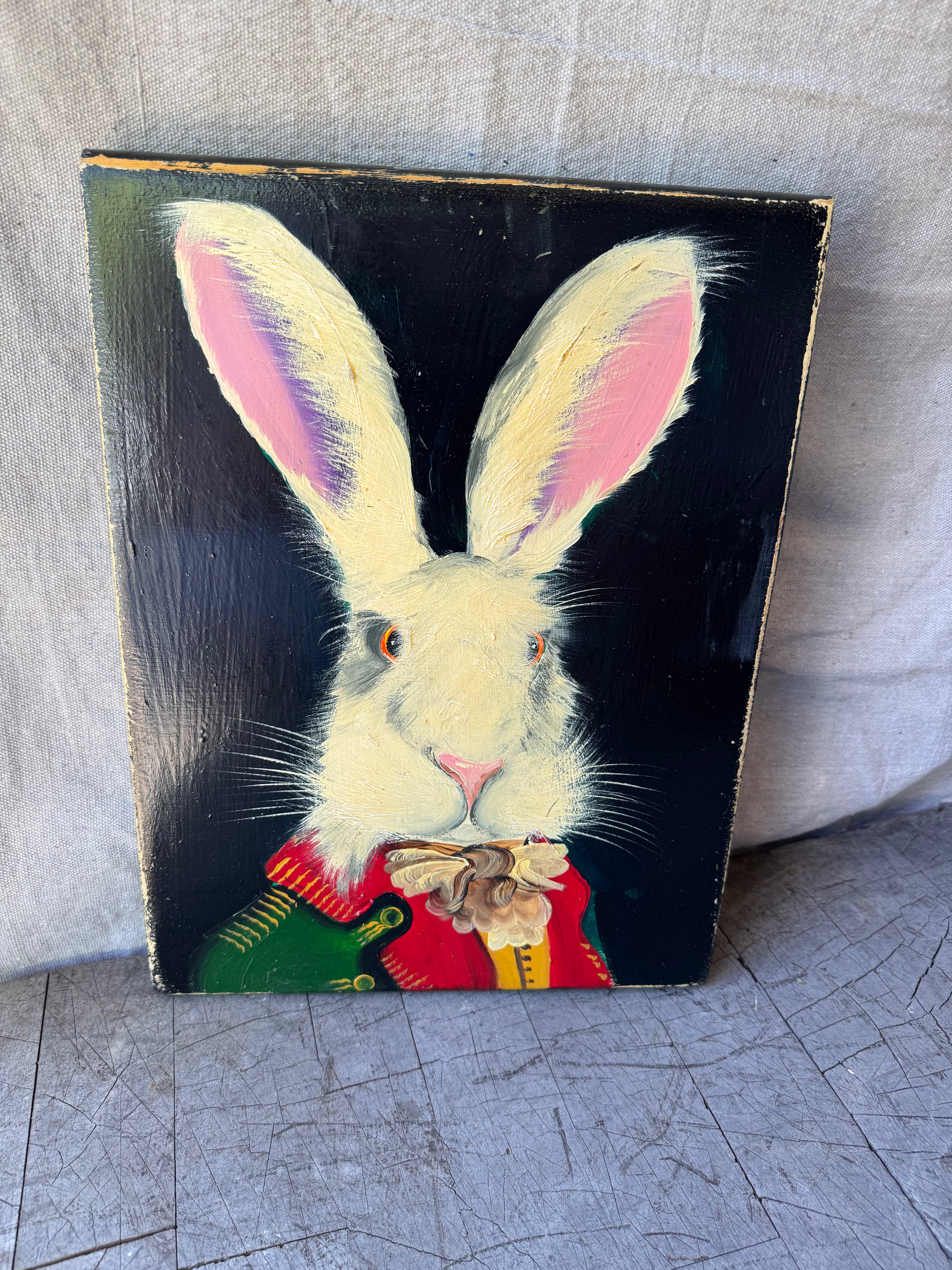 English Whimsical White Hare Portrait on Board