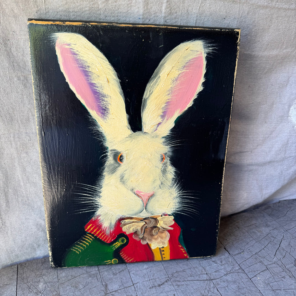 English Whimsical White Hare Portrait on Board