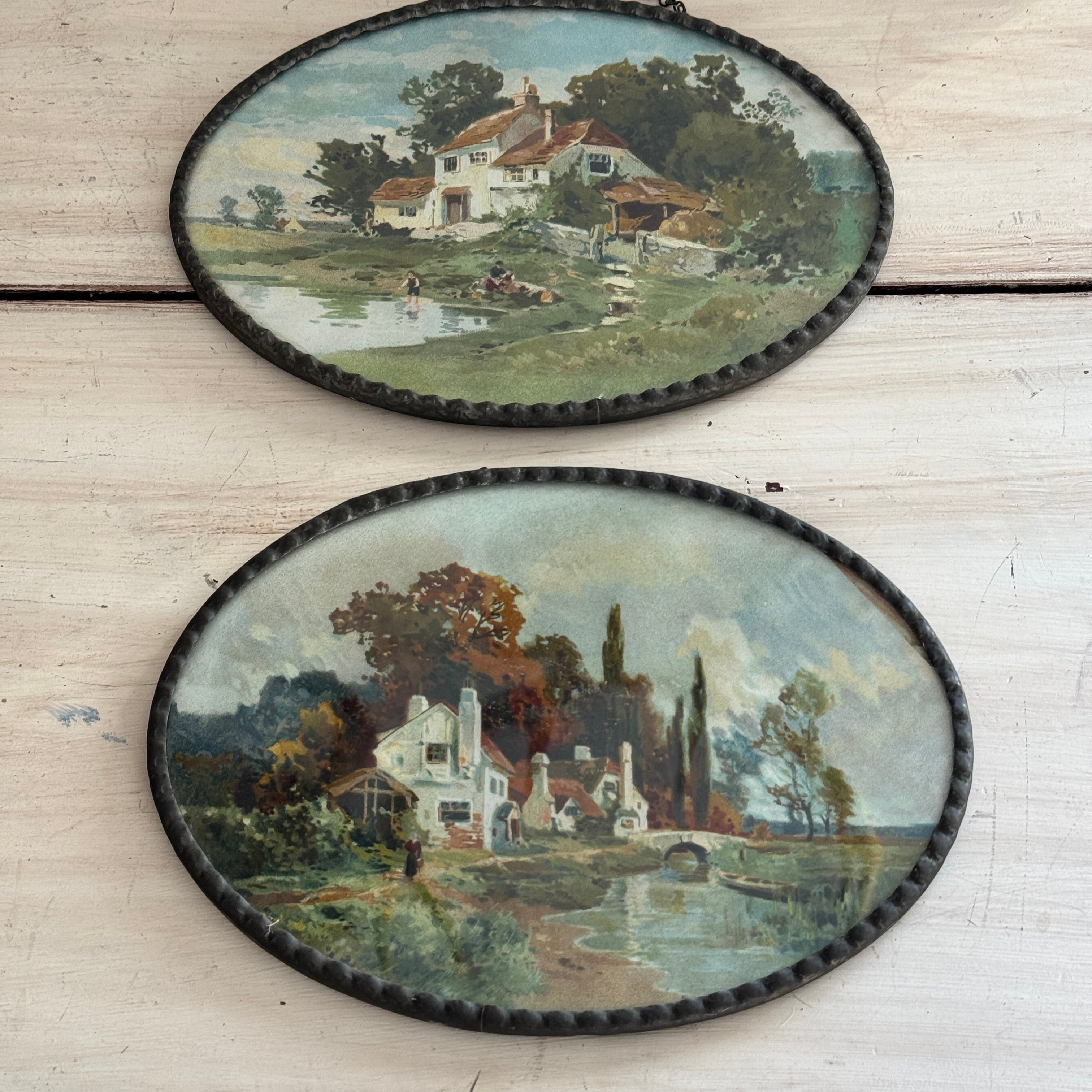 Oval Tin Wall Plaque with Pastoral Cottage Scene