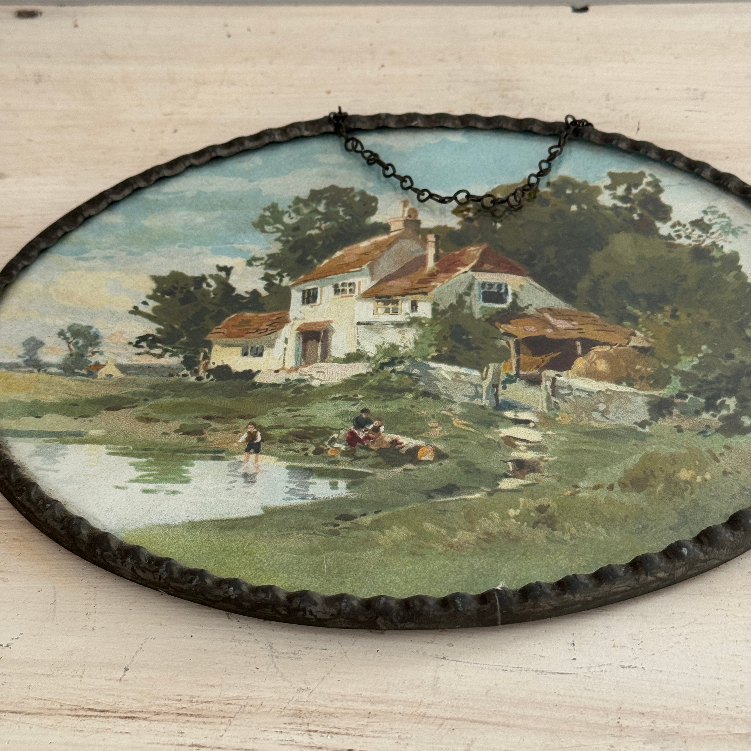 Oval Tin Wall Plaque with Pastoral Cottage Scene