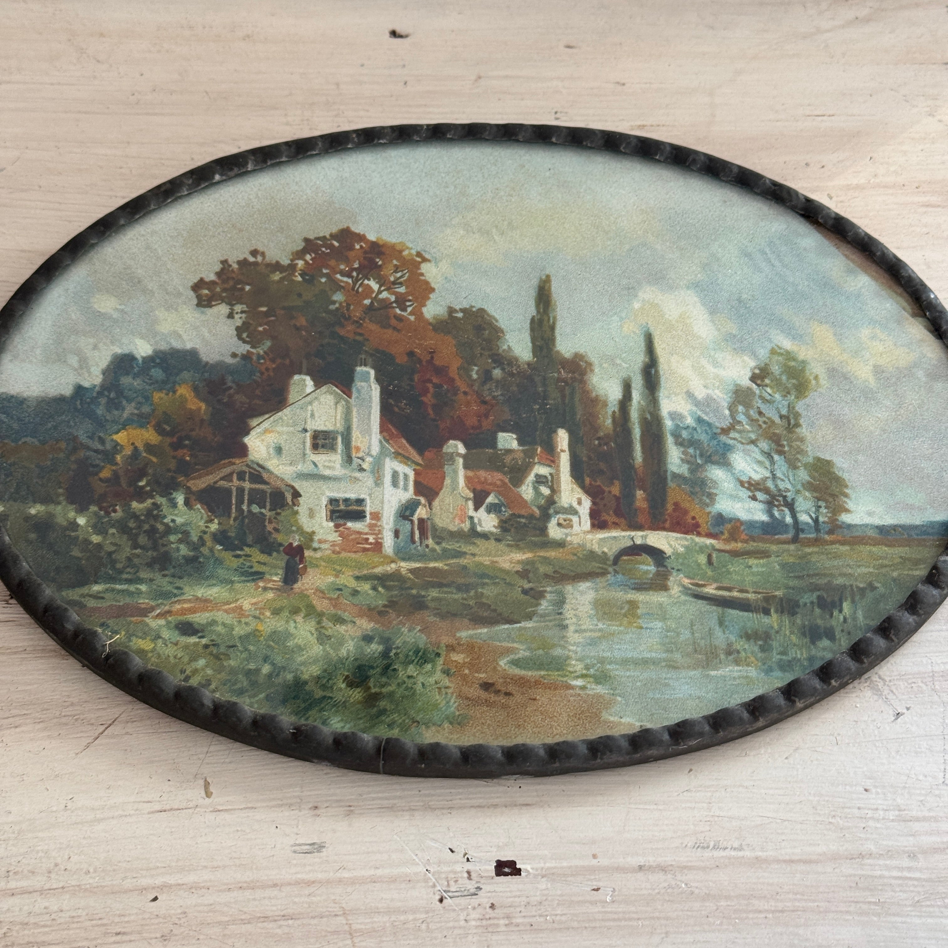 Oval Tin Wall Plaque with Pastoral Cottage Scene