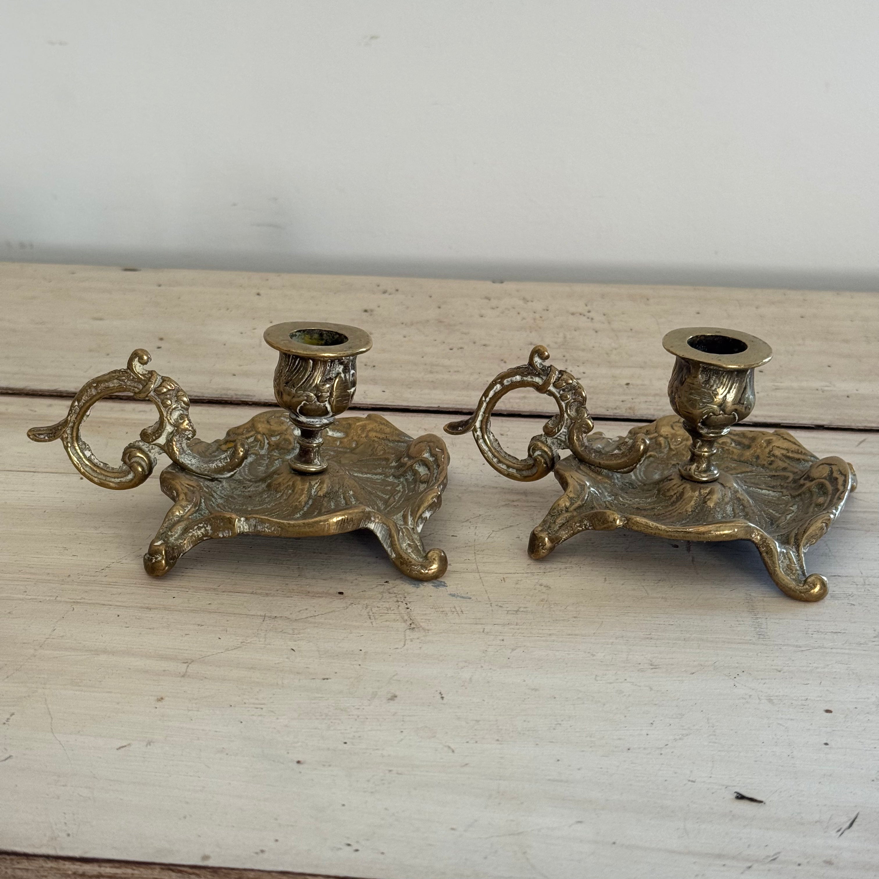 Antique English Brass Chambersticks Pair