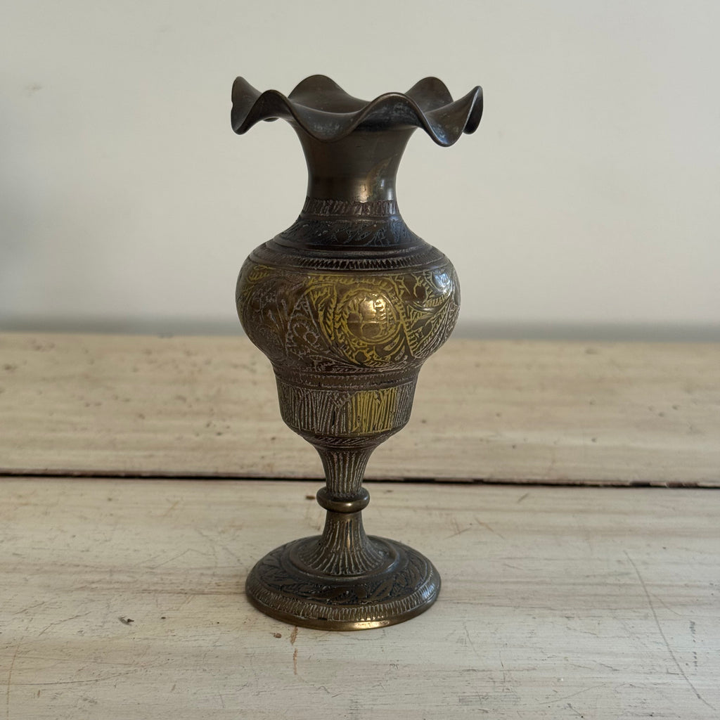 Vintage Engraved Brass Bud Vase Pair