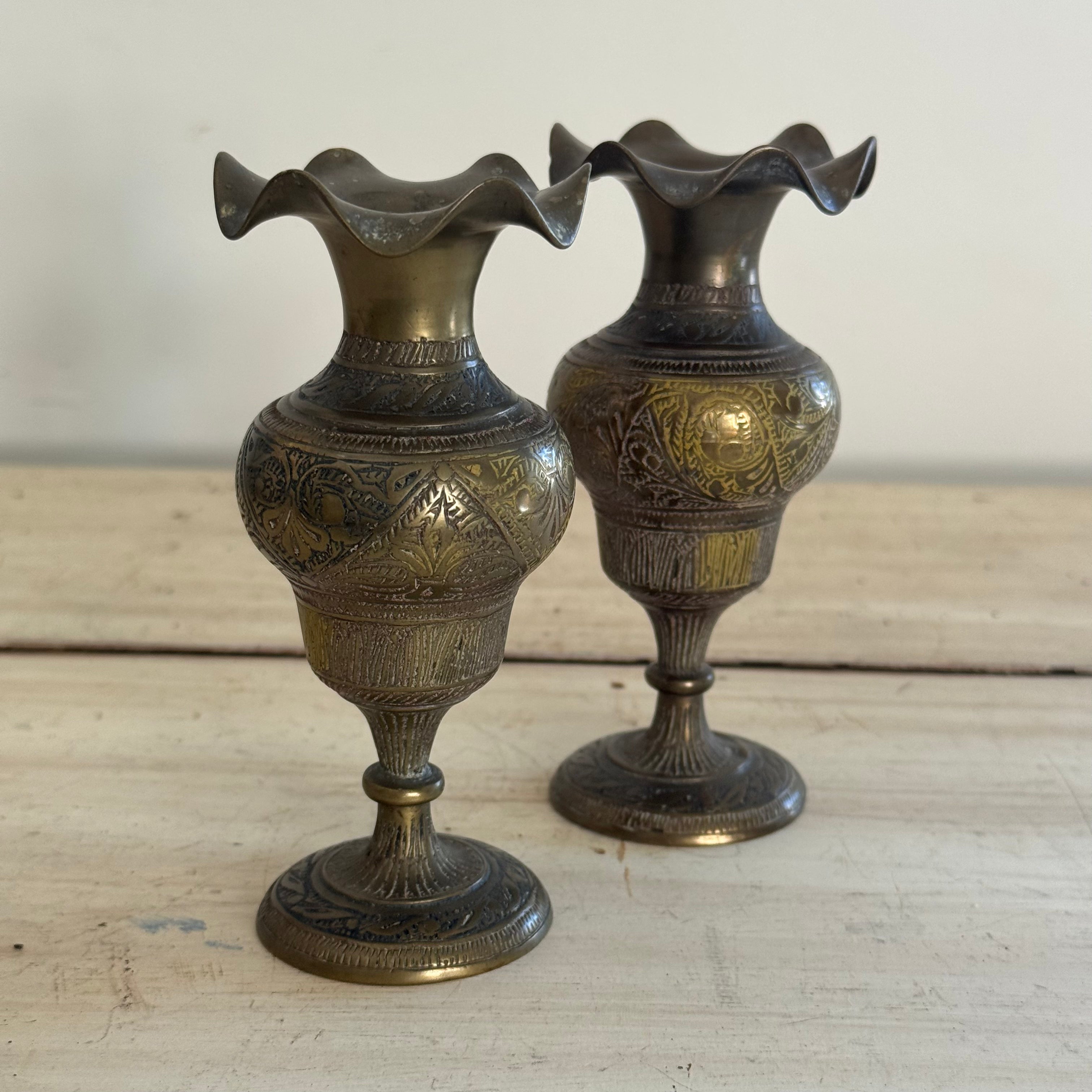 Vintage Engraved Brass Bud Vase Pair