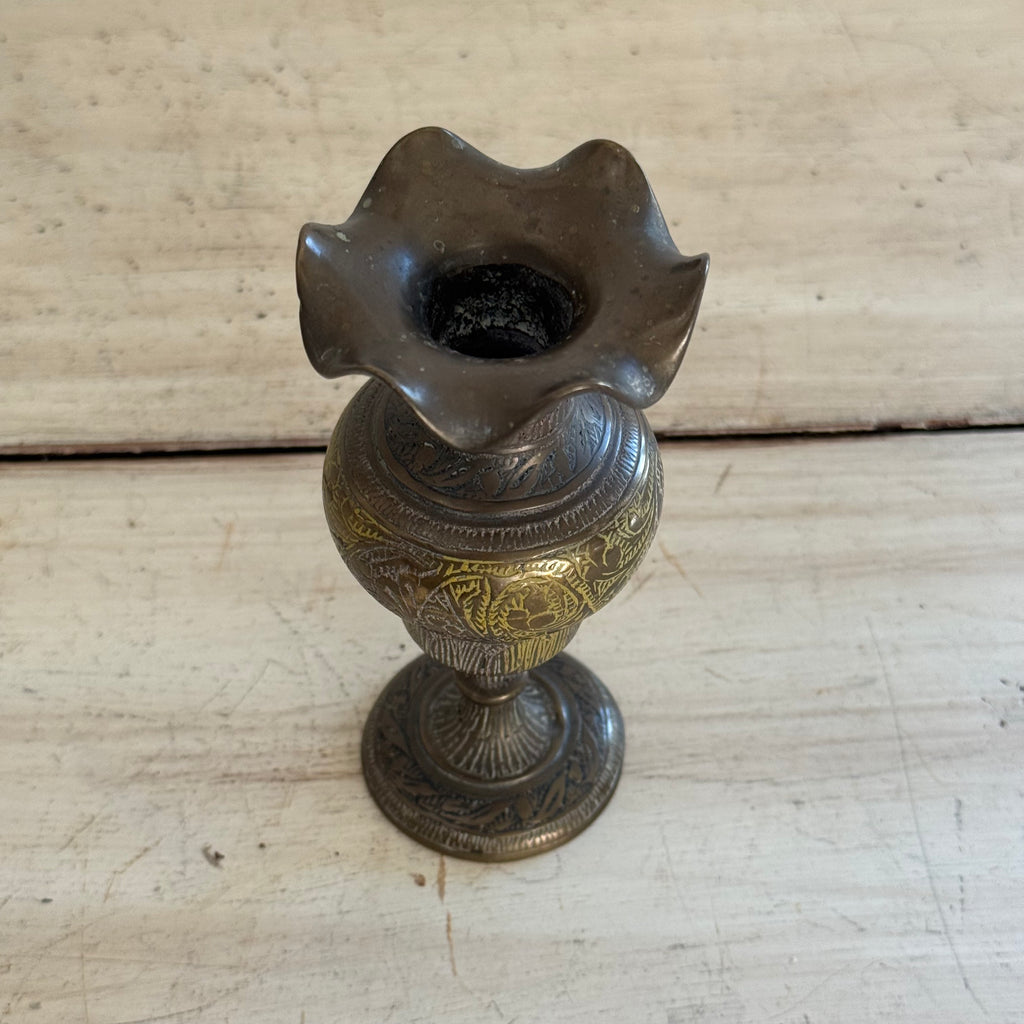 Vintage Engraved Brass Bud Vase Pair