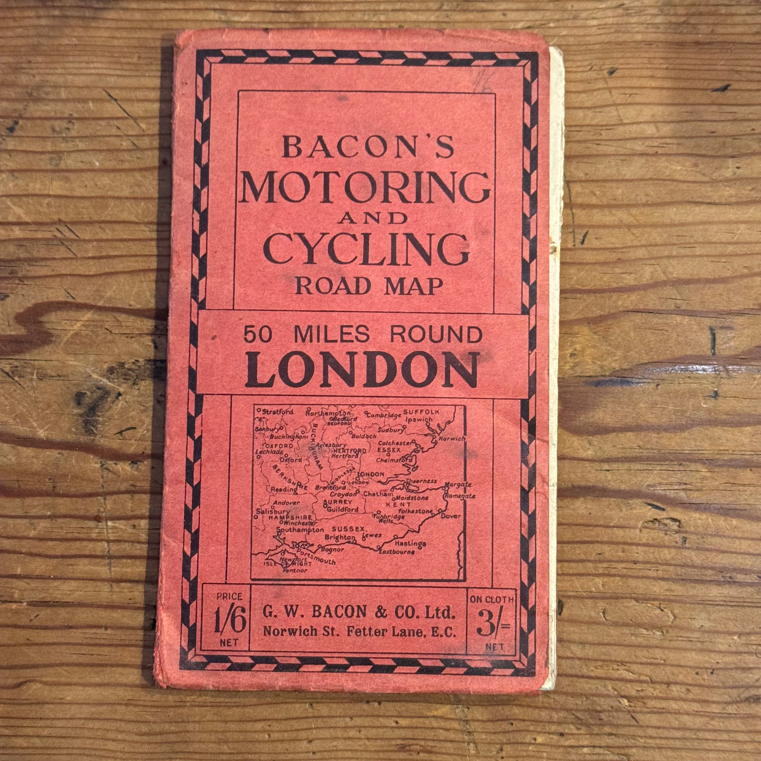 Vintage Bacon's Motoring & Cycling Road Map – 50 Miles Round London