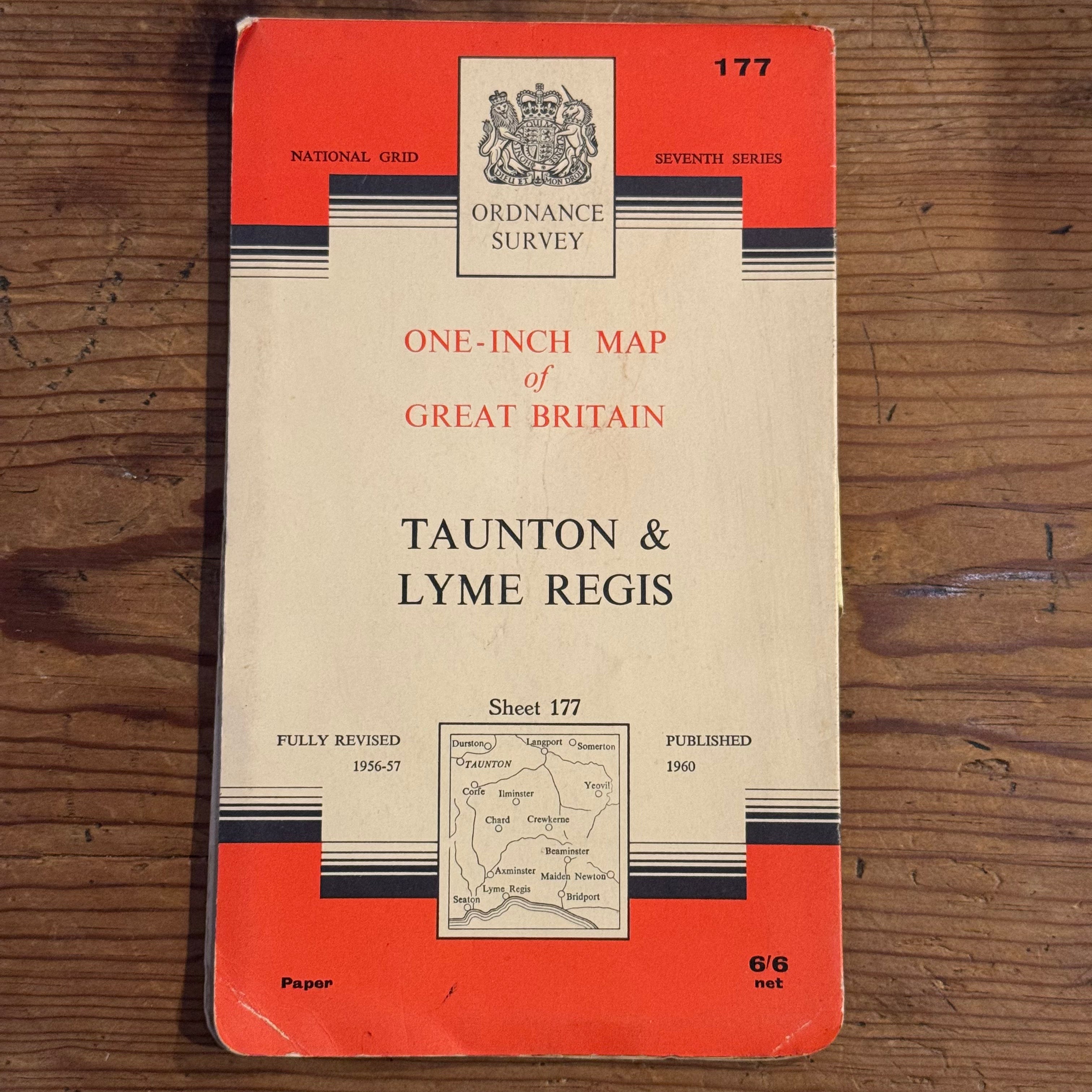 Vintage 1960 Ordnance Survey Taunton & Lyme Regis One-Inch Map – Sheet 177