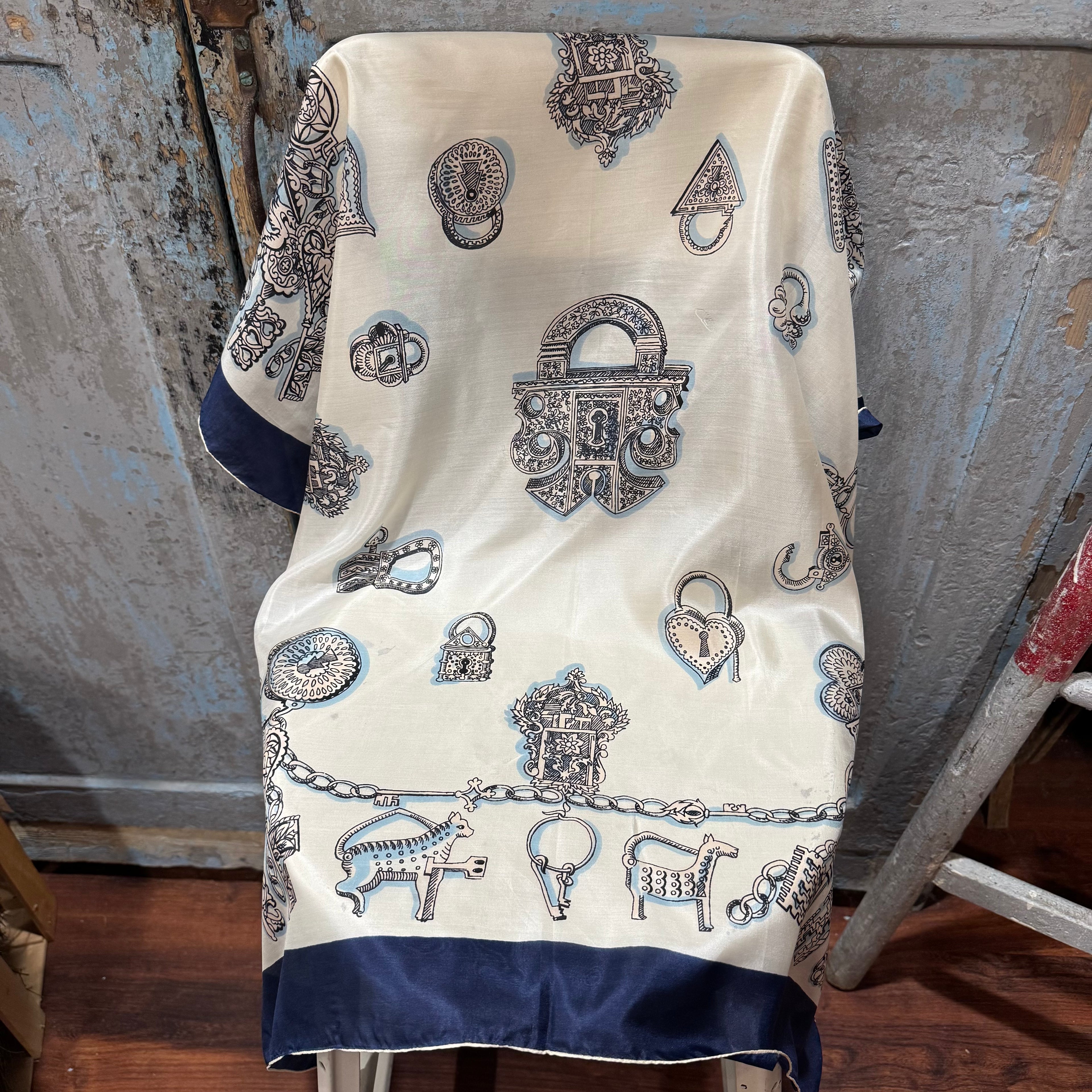 Vintage Silk Scarf with Antique Locks & Keys