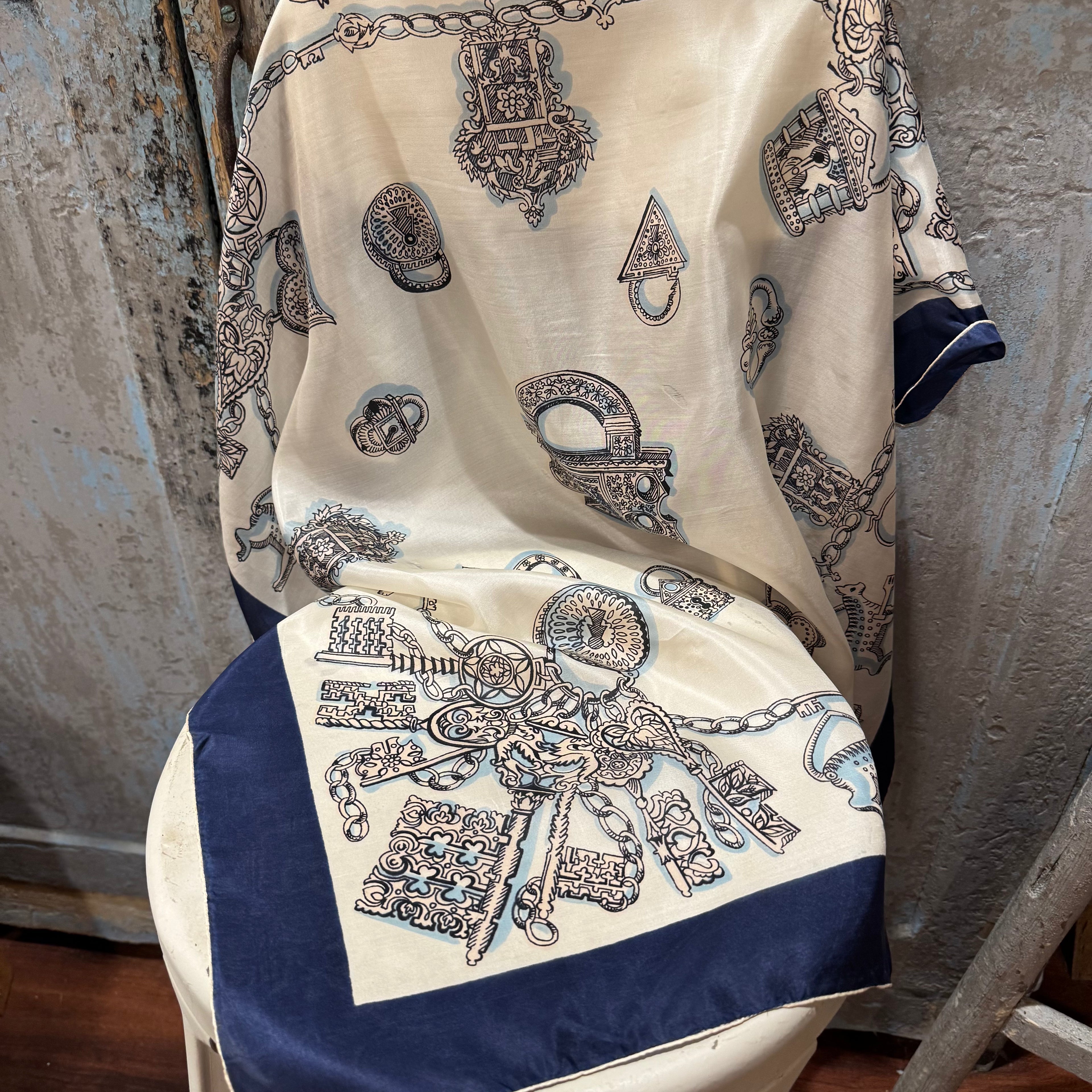 Vintage Silk Scarf with Antique Locks & Keys