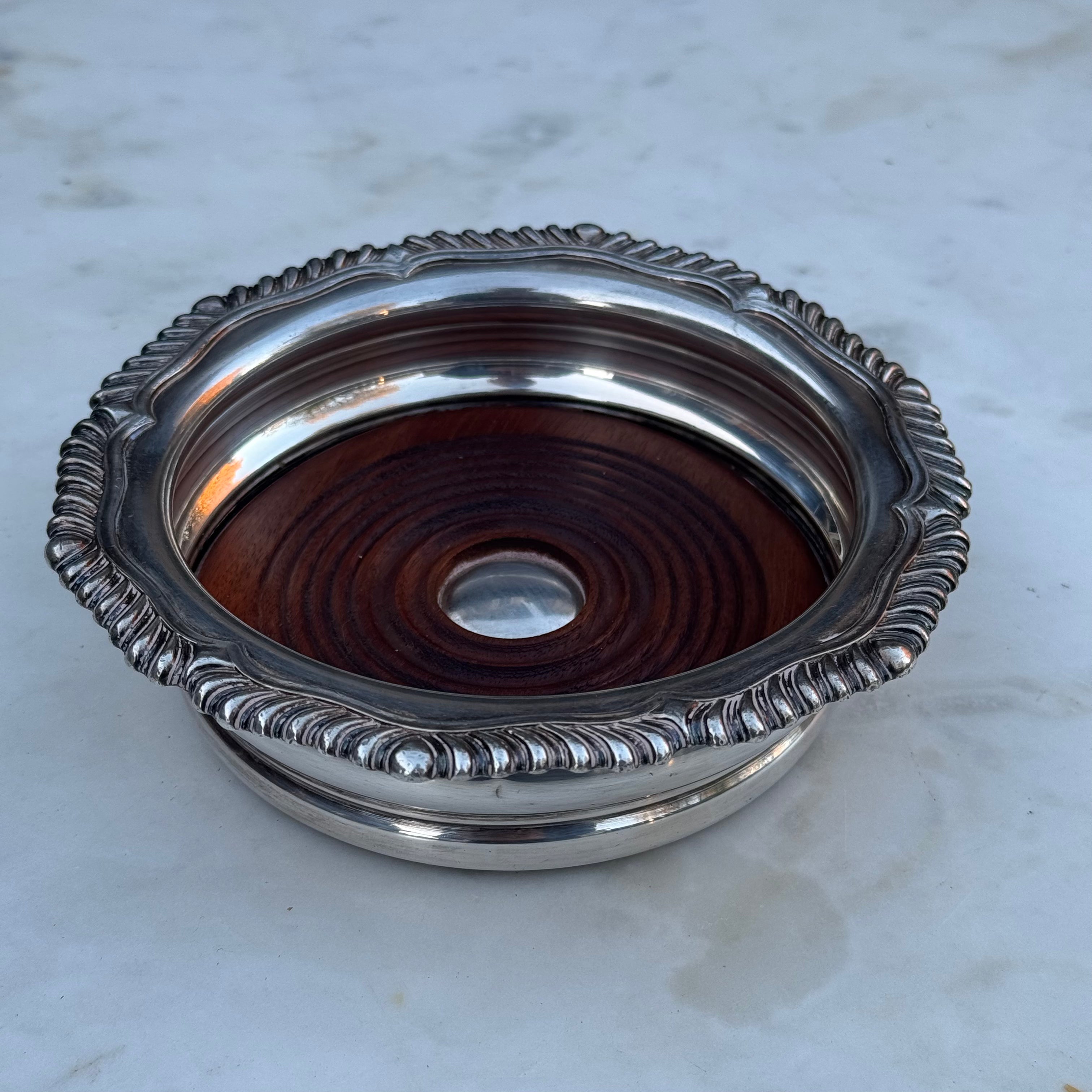 English Silver-Plated Wine Coaster with Gadrooned Rim