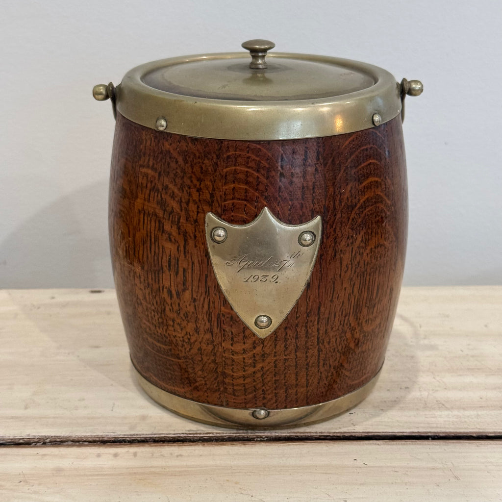 English Oak Biscuit Barrel Dated April 27th, 1939