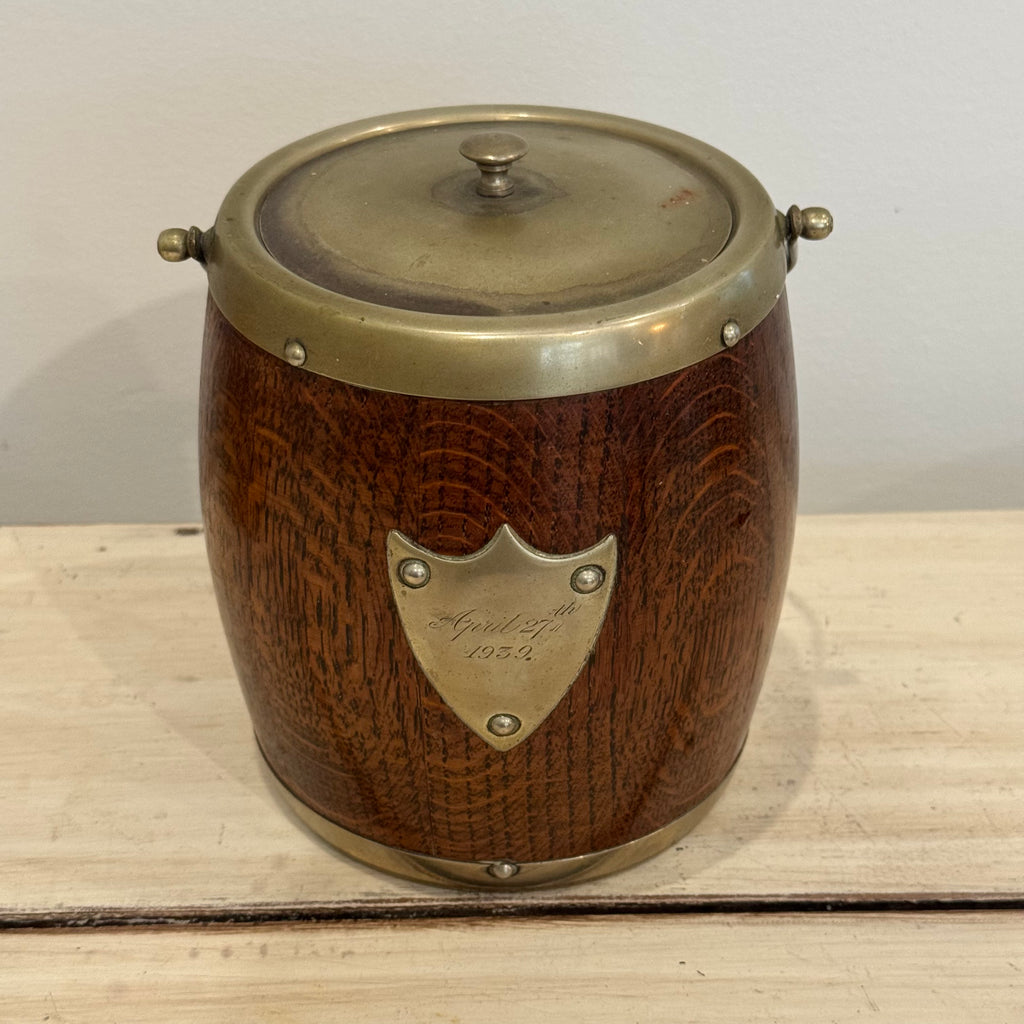 English Oak Biscuit Barrel Dated April 27th, 1939