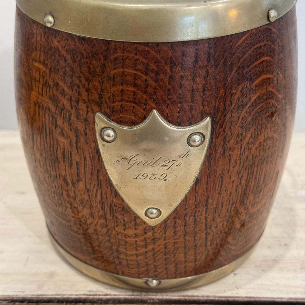 English Oak Biscuit Barrel Dated April 27th, 1939