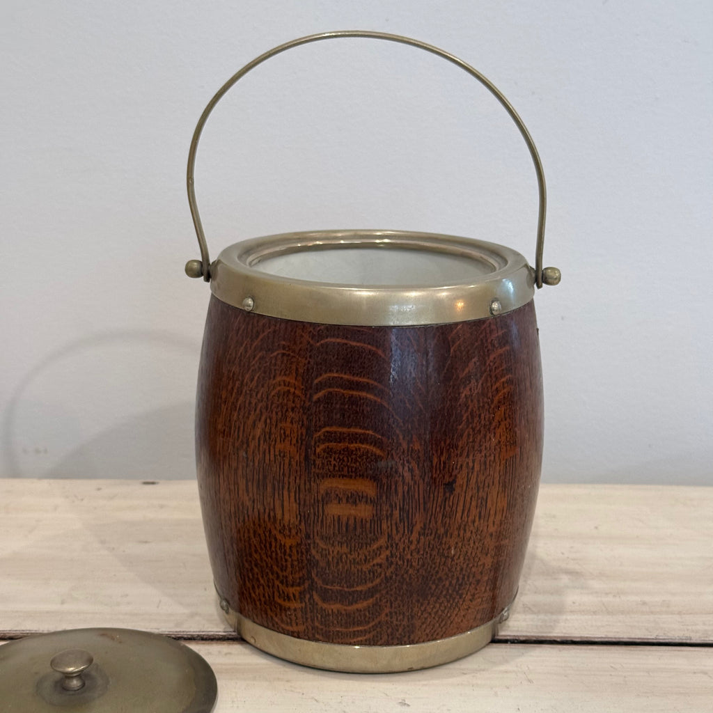 English Oak Biscuit Barrel Dated April 27th, 1939