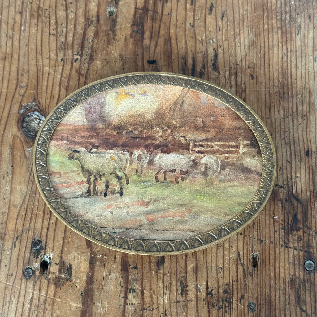 Sweet Sheep English Watercolor in Antique Frame
