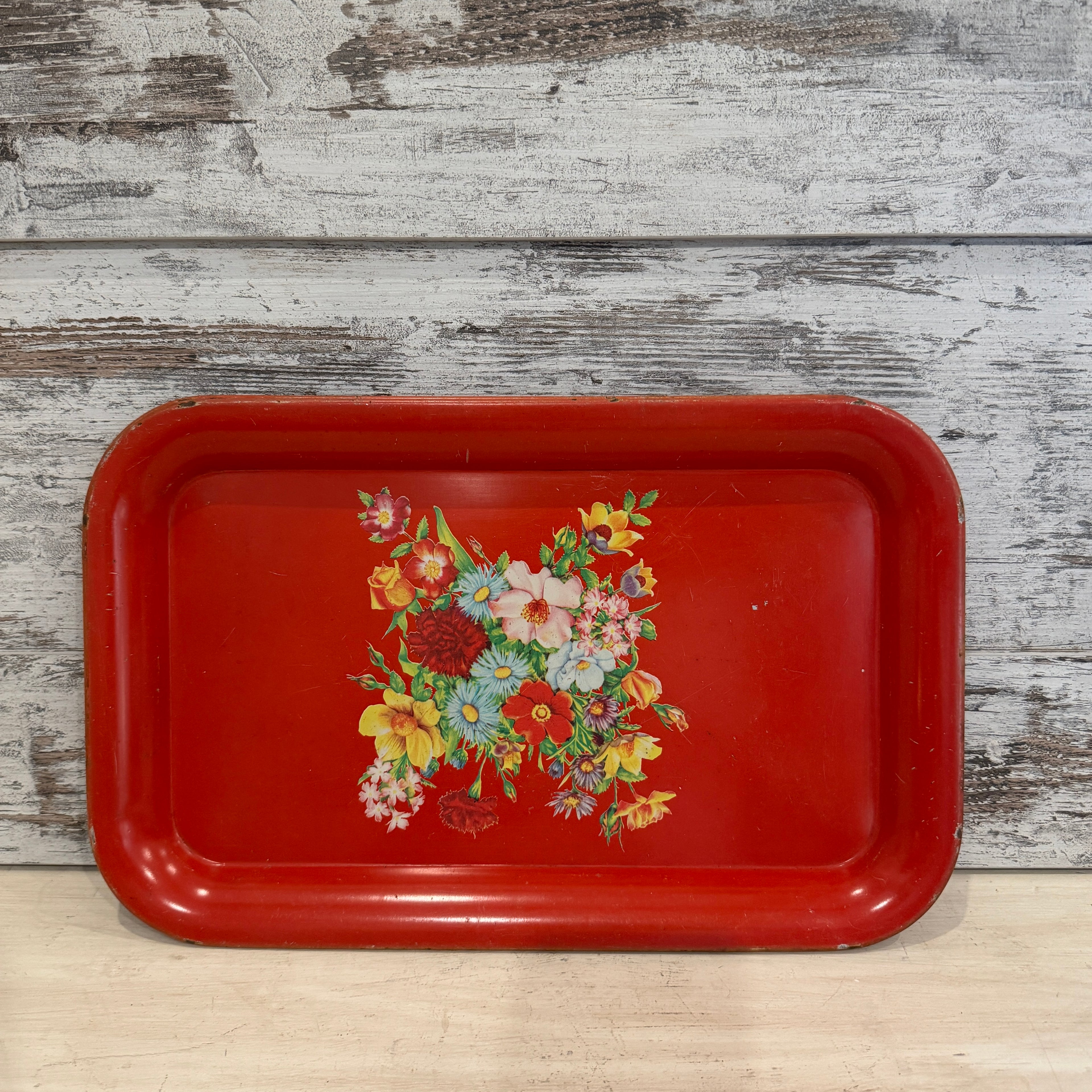 Vintage Red Floral Metal Tray