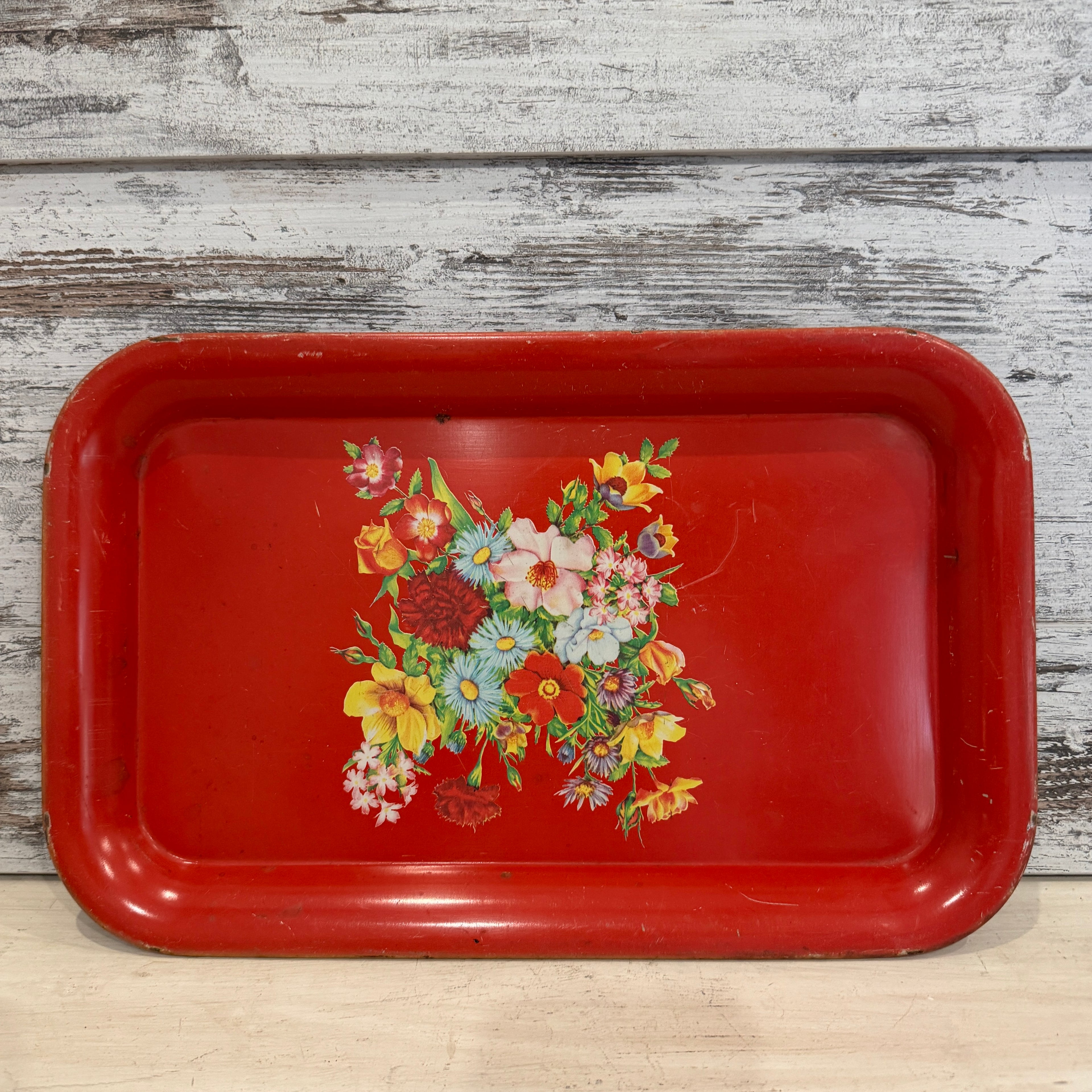 Vintage Red Floral Metal Tray