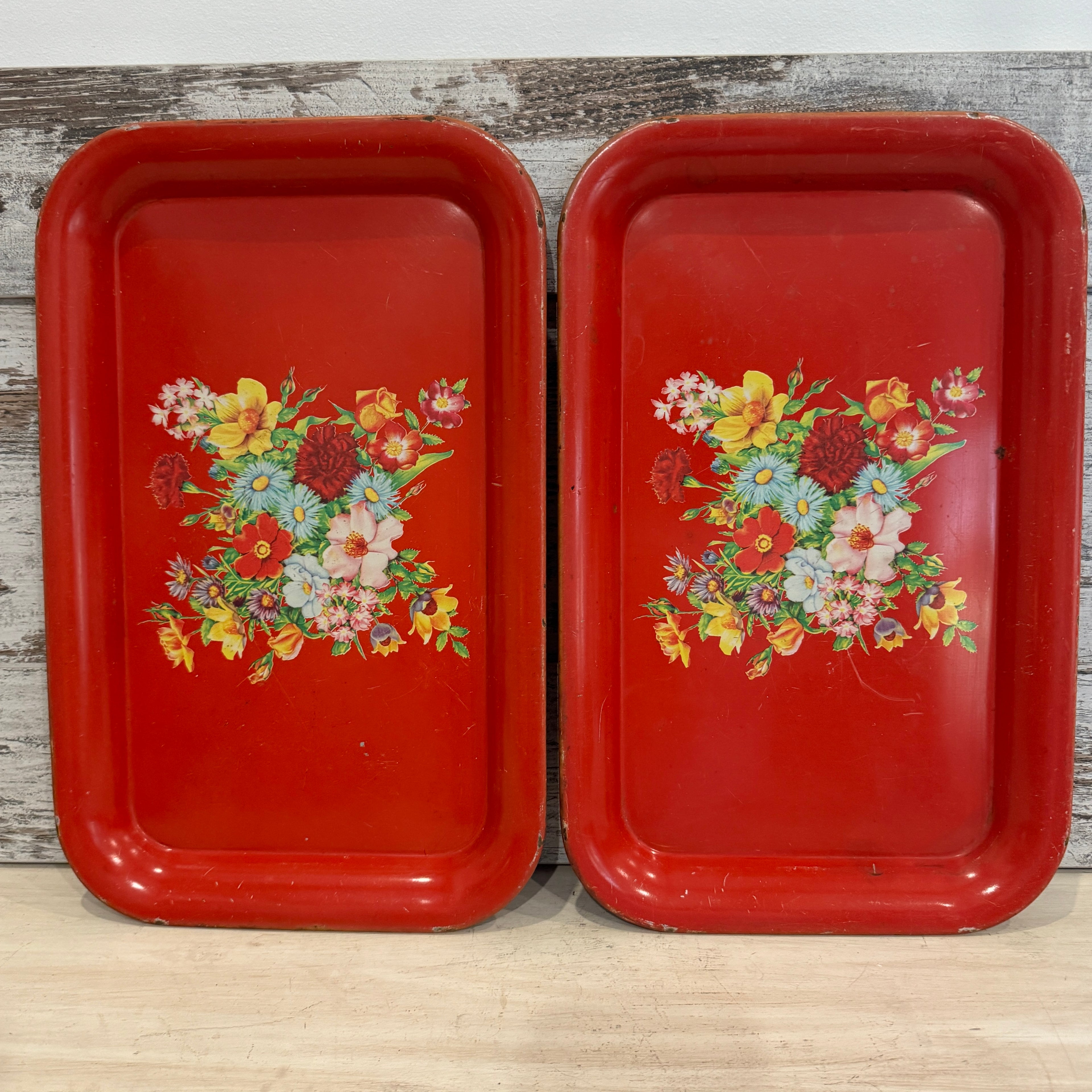 Vintage Red Floral Metal Tray