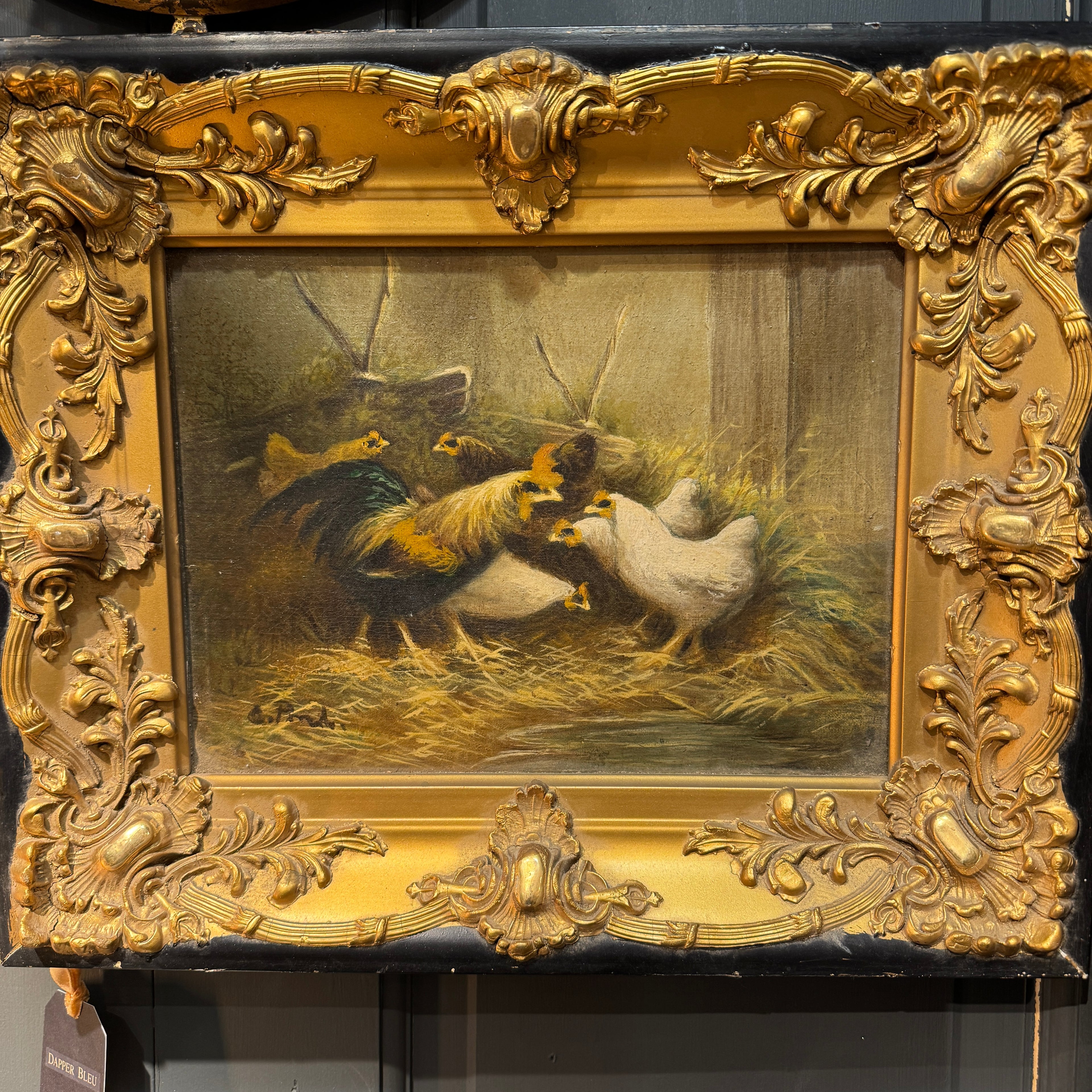 Antique Gilt-Framed Oil Painting with Chickens