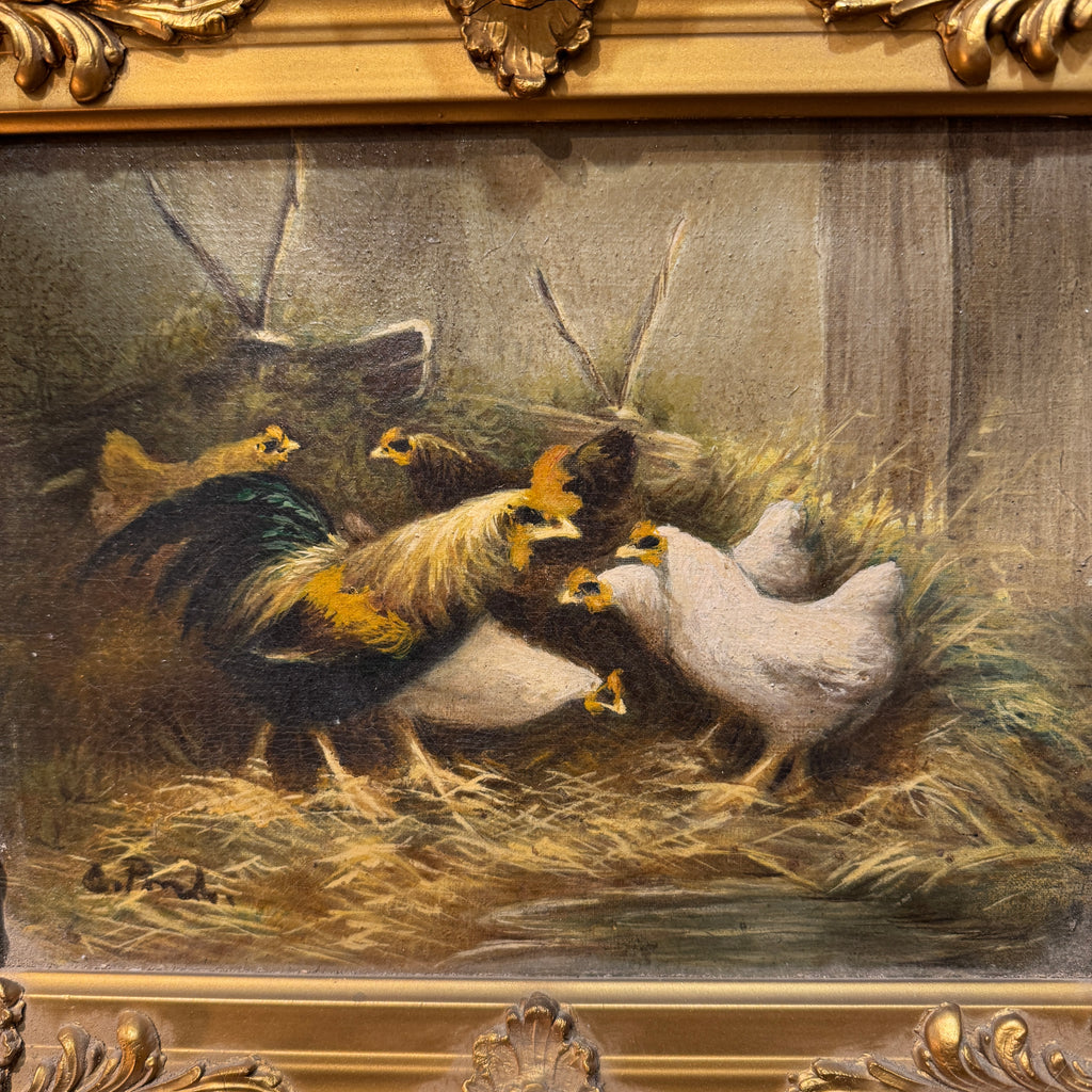 Antique Gilt-Framed Oil Painting with Chickens