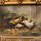 Antique Gilt-Framed Oil Painting with Chickens